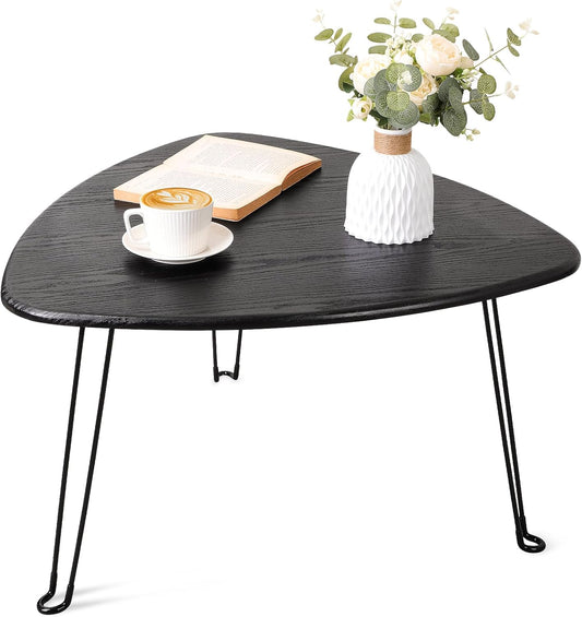 Black Folding Coffee Table Wooden Triangle Floor Table Desk for Sitting on The Floor Coffee Tables Small Oval Coffee Table Mid Century Modern Center Sofa Table for Living Room Home Office
