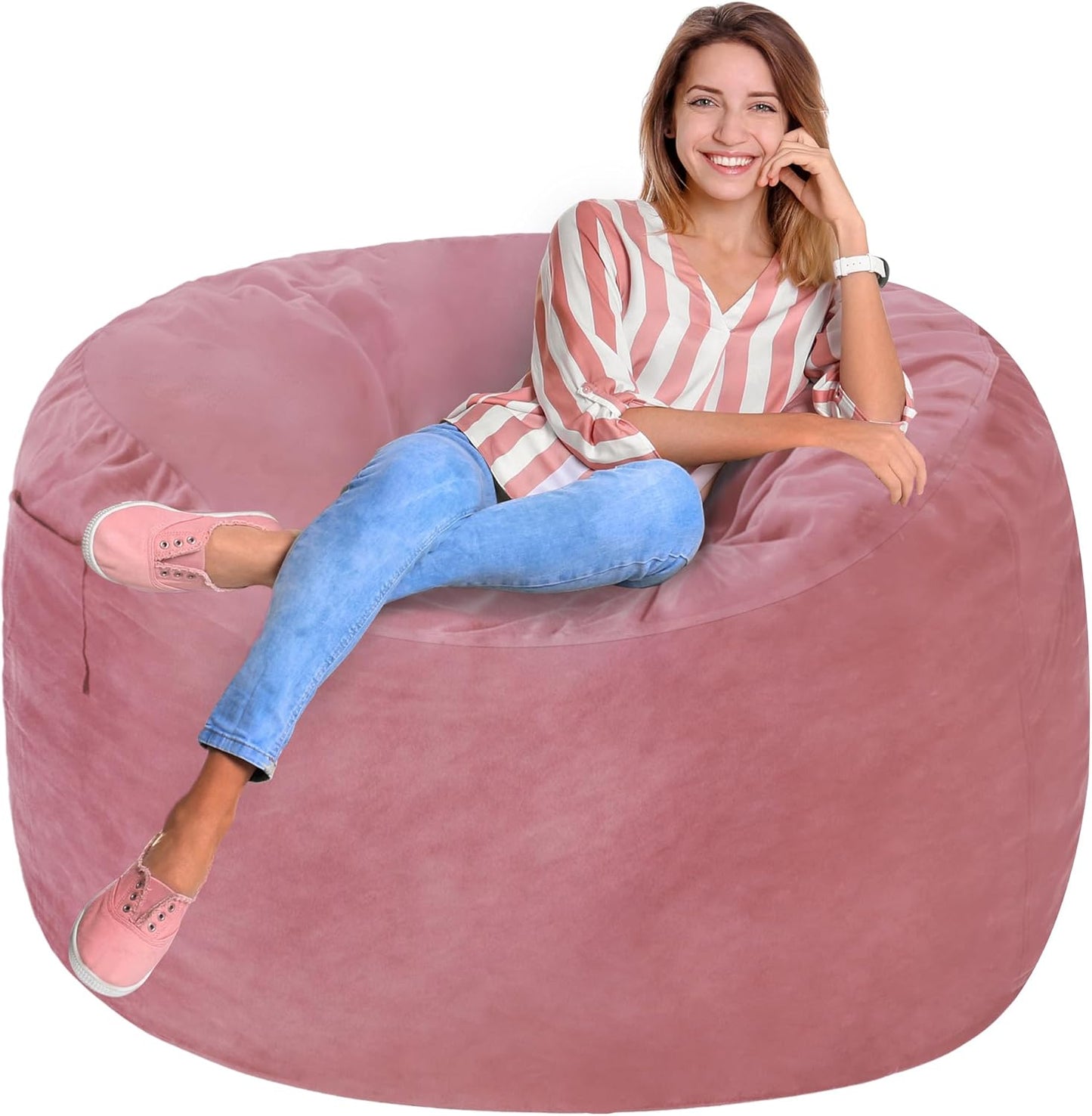 Homguava 3FT Bean Bag Chair: 3' Bean Bags with Memory Foam Filled, Large Beanbag Chairs Soft Sofa with Dutch Velet Cover-Dusty Pink