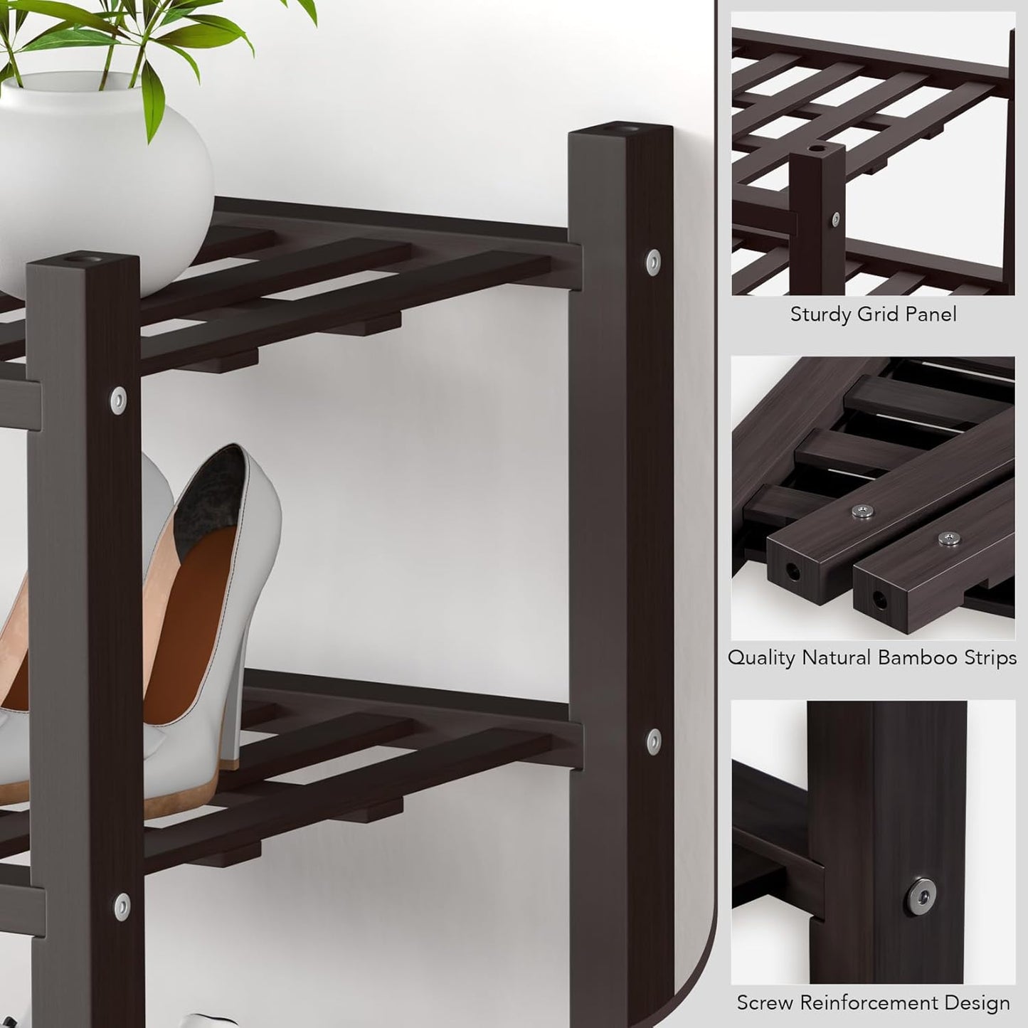 Haddockway small 3 Tier Bamboo Shoe Rack Storage Organizer, Multifunctional Free Standing Stackable Shoe Shelf with Grid Panel for Closet,Hallway,Entryway,Small Space 18"x11"x17"(Brown, 3-Tier(Small))