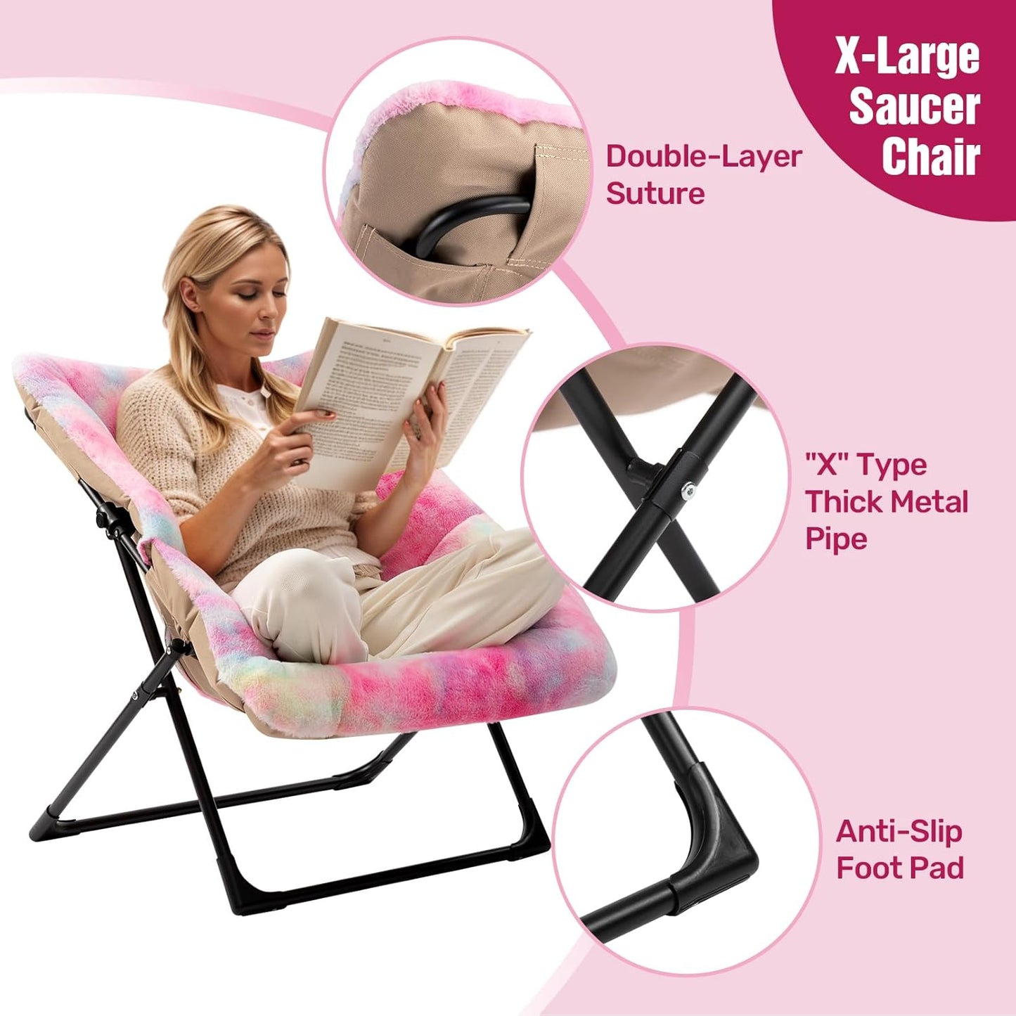 HollyHOME X-Large Saucer Chair, Comfy Oversized Folding Chair, Faux-Fur Reading Chair for Teens, Adults, Foldable Accent Lazy Chair, Metal Frame Lounge Chair for Living Room, Bedroom, Dorm, Colorful