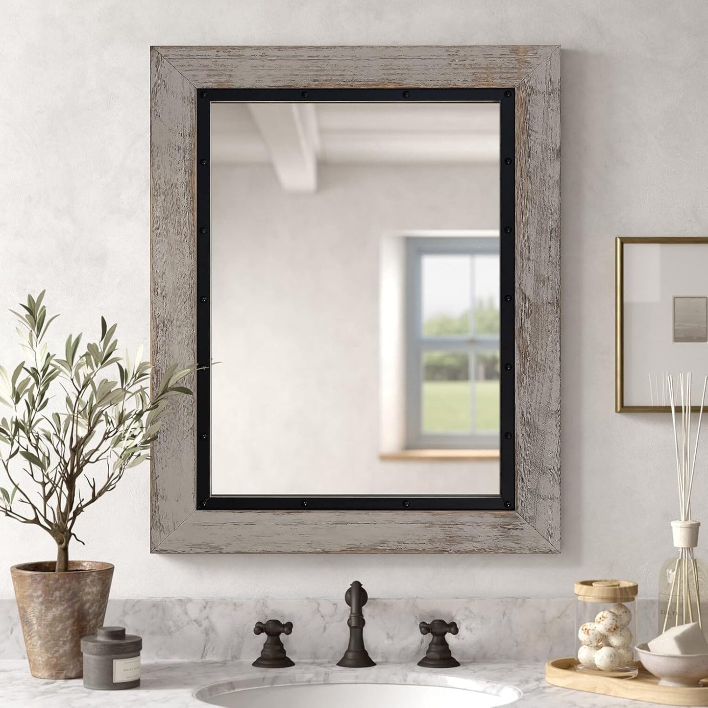 YOSHOOT Rustic Wooden Framed Wall Mirror, Natural Wood and Iron Bathroom Vanity Mirror for Farmhouse Decor, Vertical or Horizontal Hanging, 60" x 36", Grey