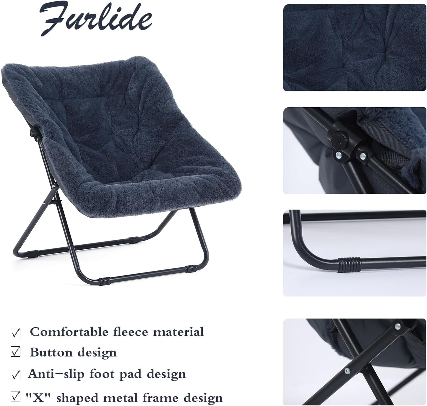 Saucer Chair, Comfy Doorm Chairs, Oversized Folding Faux Fur Chair, Foldable Metal Frame Chair, for Bedroom, Living Room, Balcony, Study, Playroom (Navy Blue)