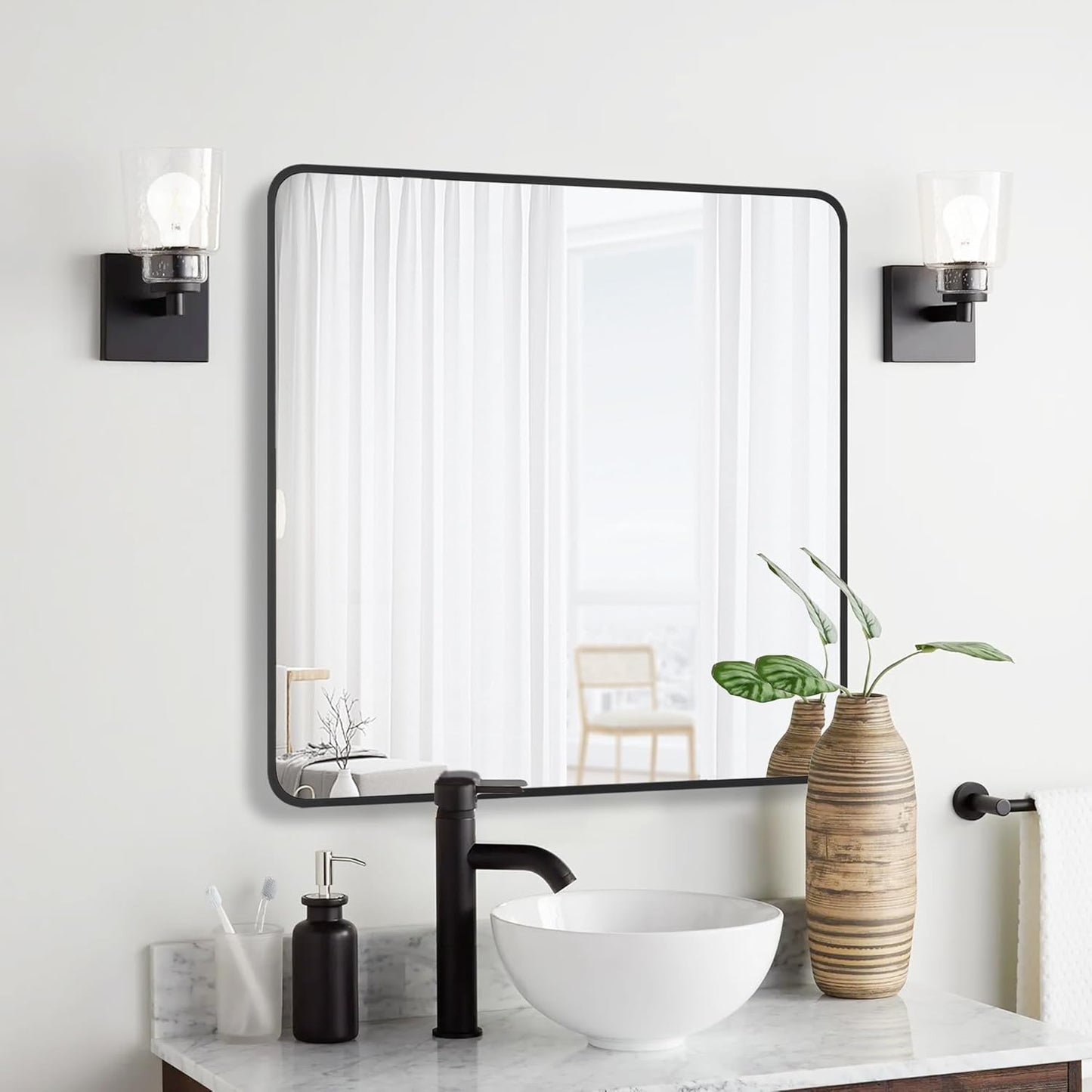 30x30 Inch Rectangle Bathroom Mirror with Black Metal Frame, Rounded Corner Rectangular Vanity Mirror for Wall, Modern Large for Bedroom, Living Room, Horizontal or Vertical