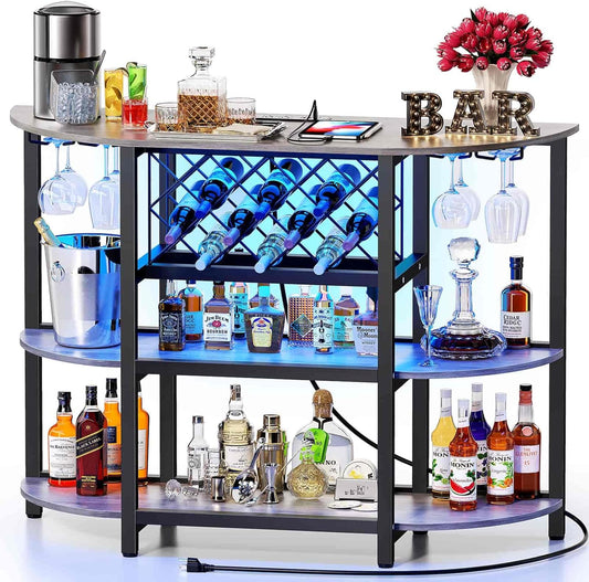 Zarler Bar Cart with Power Outlet Easy to Assemble, LED Home Bar Cabinet for Liquor, 47.3" L x 15.8" D x 36" H Metal Mini Bar Table with 4-Tier Storage, Light Grey