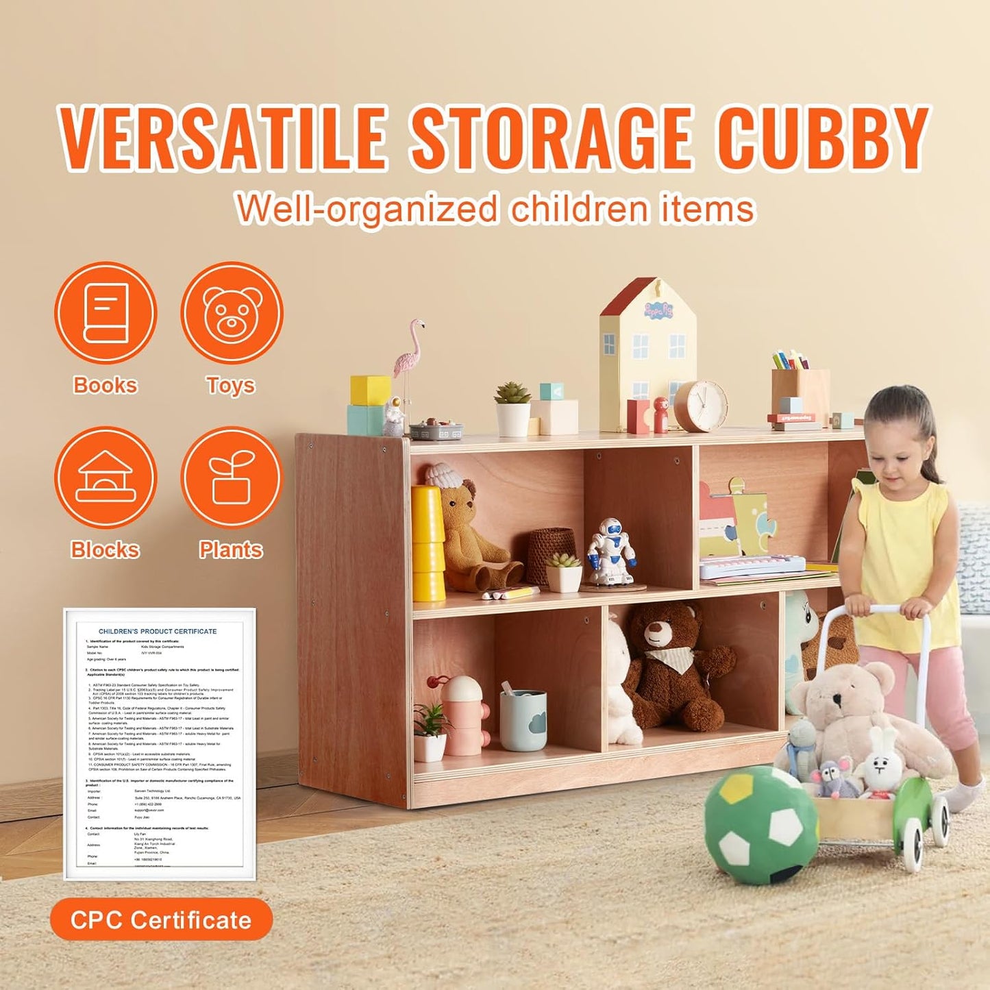 VEVOR Cubby Toy Organizer Storage Cabinet, 5-Compartment Cubby Storage Shelf, 48''W Kids Toy Storage Cabinet 2-Shelf, Classroom Cubbies, Classroom Furniture for Home, Daycare and Preschool, Natural