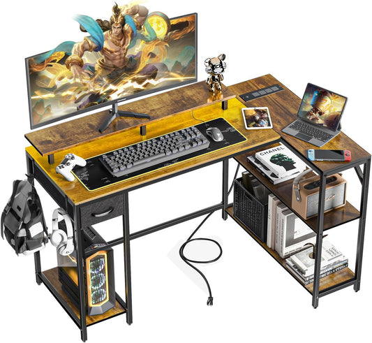 47" L Shaped Computer Desk with LED Light and Power Outlet, Reversible L Shaped Desk with Monitor Stand and Drawer, Gaming Desk with Shelves and 2 Hooks for Home Office Bedroom