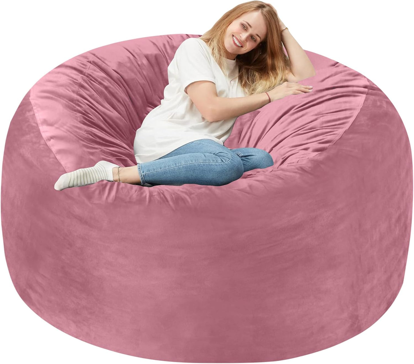 Homguava 4 FT Bean Bag Chair: 4' Bean Bags with Memory Foam Filled, Large Beanbag Chairs Soft Sofa with Dutch Velvet Cover-Dusty Pink