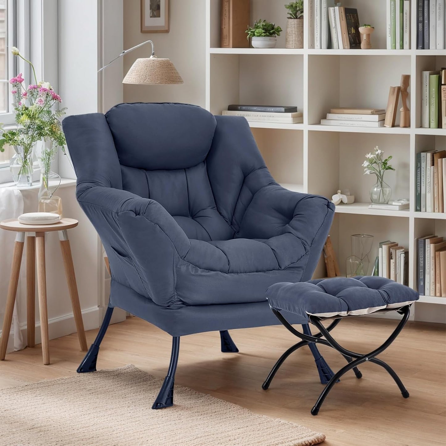 Lazy Chair with Ottoman, Large Modern Lounge Accent Chair with Armrests and Footrest, Reading Armchair with Ottoman, Leisure Sofa Chair for Living Room, Bedroom, Dorm Room, Office (Navy)