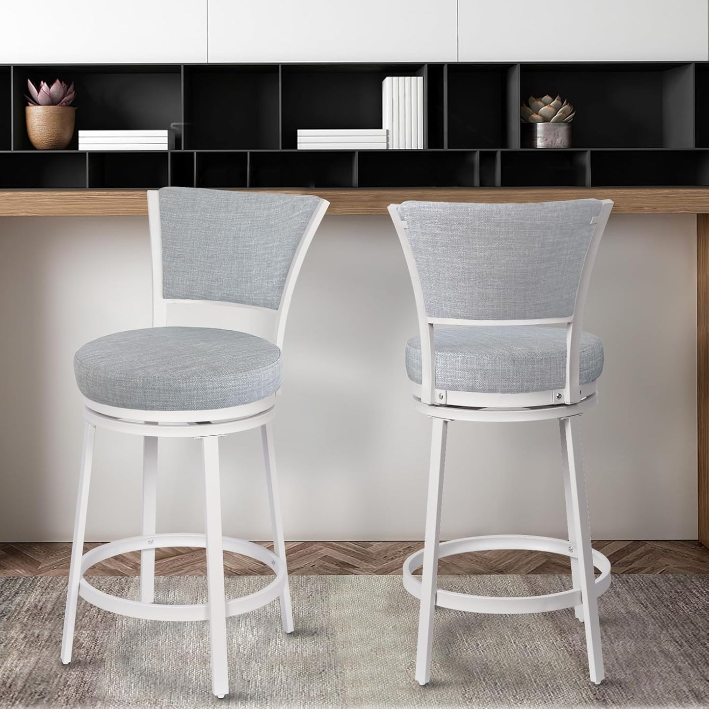 Bar Stools Set of 2, 25 Inch Metal Counter Height Bar Chairs, Modern Linen Fabric 360° Round Swivel Barstools with Back, Counter Stools for Kitchen Island, Pub, Grey & White