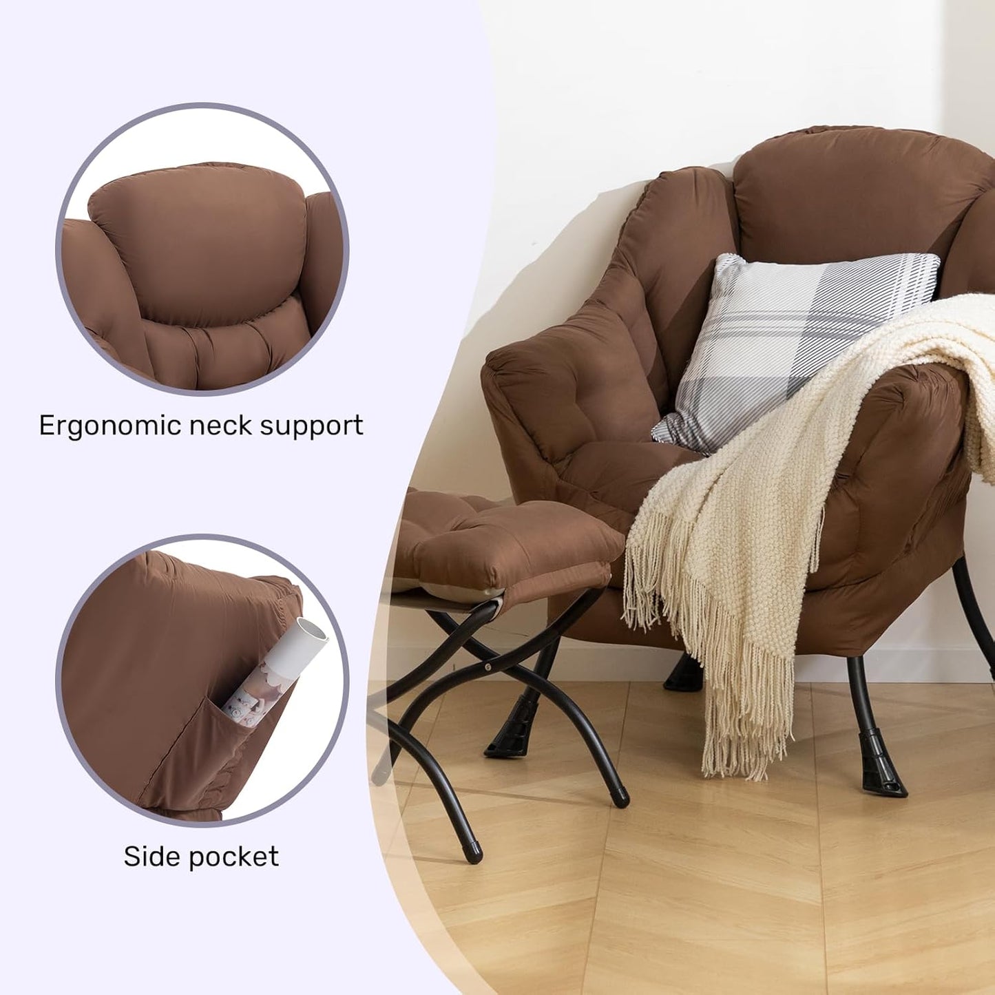 HollyHOME Fabric Lazy Chair with Foldable Ottoman, Accent Comfy Lounge Arm Chair and Folding Footrest Stool Set, Leisure Sofa Reading Chair and Footstool for Living Room, Bedroom, Dorm, Coffee Brown