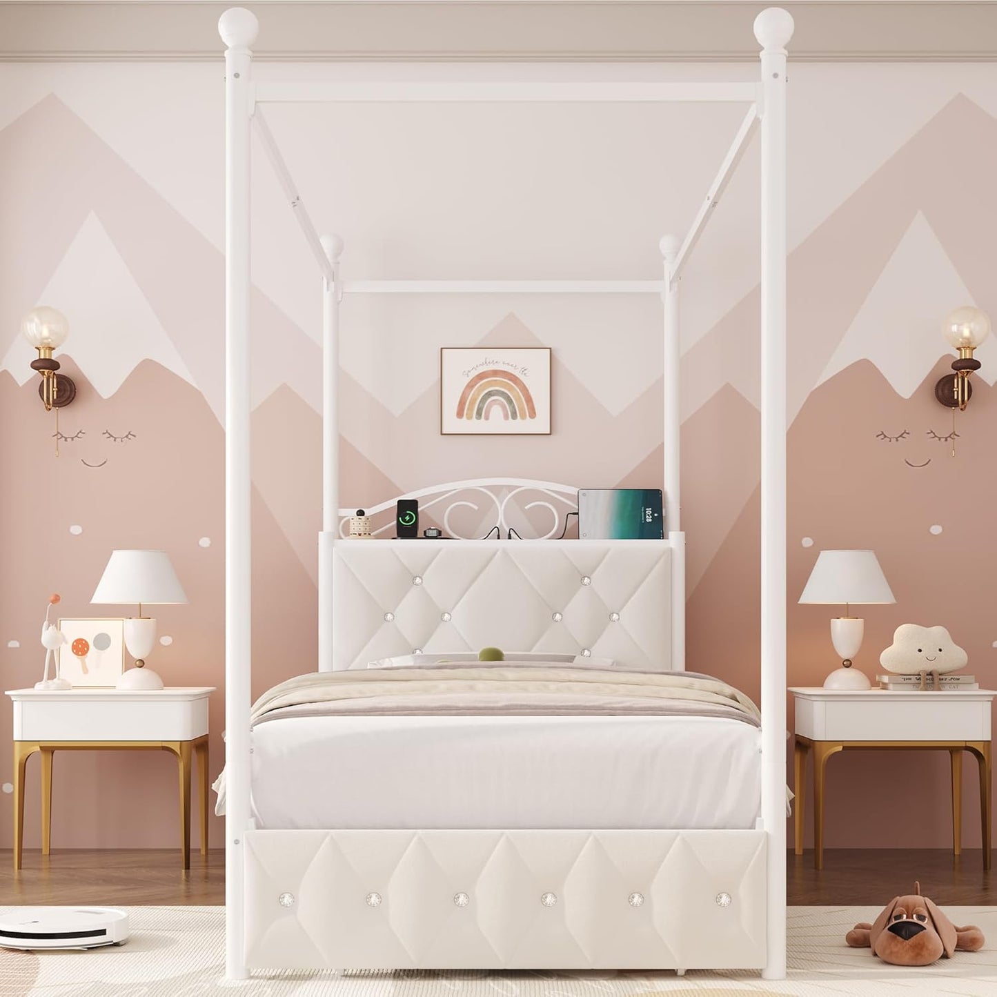 Keyluv Twin Upholstered Canopy Bed Frame with Drawer & Crystal Tufted Storage Headboard Metal Platform Bed with Charging Station & 4 Removable Posts No Box Spring Needed Curtain Not Included, Beige