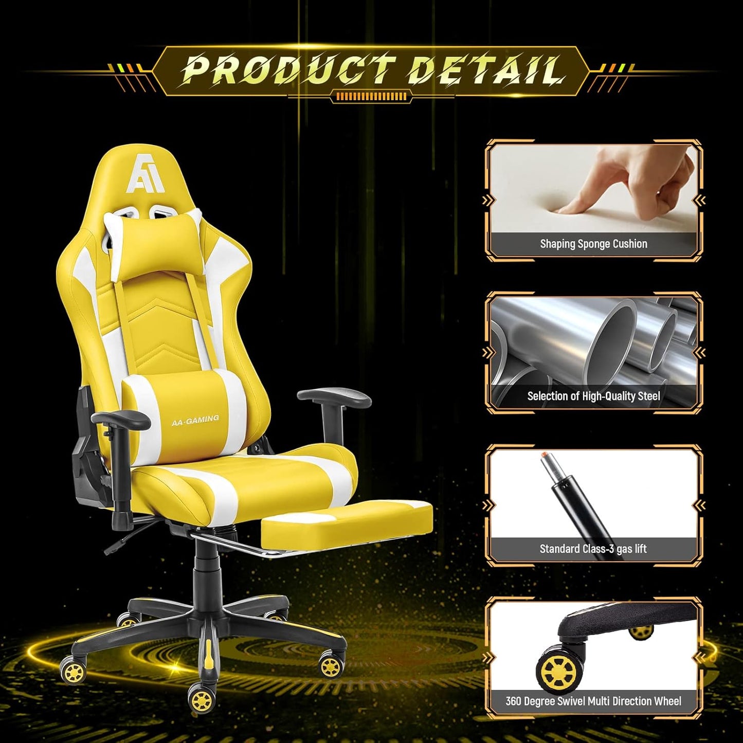 AA Products Gaming Chair - High Back Ergonomic Computer Racing Chair with Footrest, Lumbar Support and Swivel - YellowWhite
