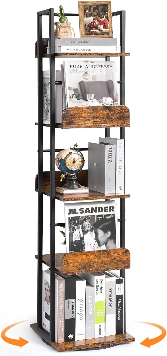Bikoney Rotating Bookshelf, 360 Display Spinning Bookshelf Tower, 5-Tier Narrow Bookcase, Tall Industrial Book Shelf Organizer, Small Corner Book Shelves for Living Room, Black