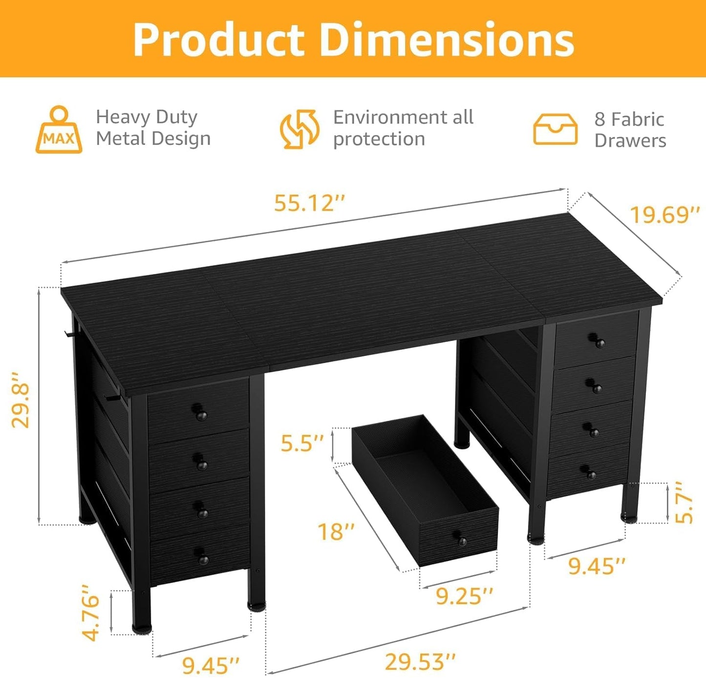 Black Gaming Desk with Fabric Drawers on Both Sides, 55 Inch Home Office Computer Study Writing Work PC Desk with 8 Storage Drawers Storage for Bedroom