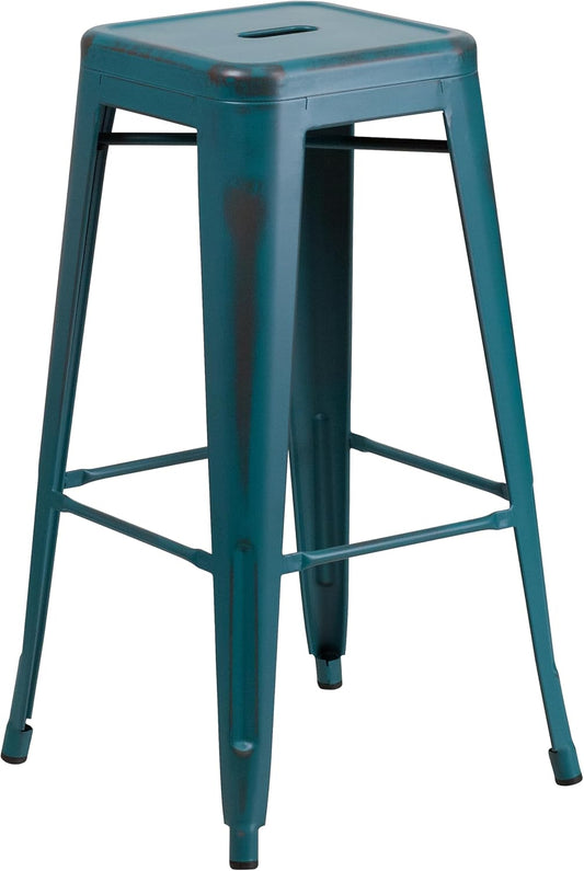 Flash Furniture Kai Commercial Grade 30" High Backless Distressed Kelly Blue-Teal Metal Indoor-Outdoor Barstool