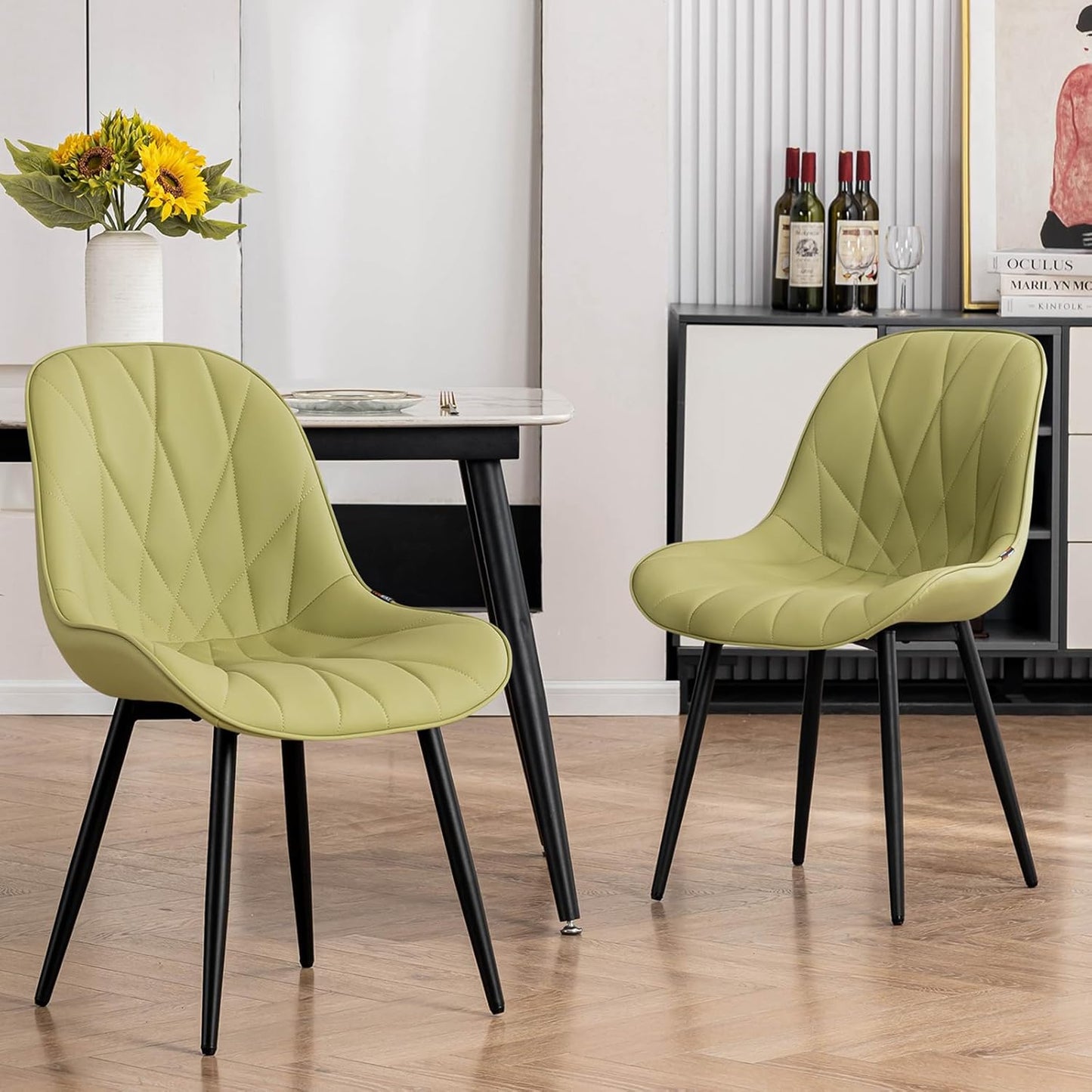 Rowill Modern Dining Chairs Set of 2 Upholstered Faux Leather Kitchen Chairs with Soft Cushion Backrest, Sturdy Metal Legs & Non-Slip Pads, Perfect for Home Dining Room, Kitchen, Avocado Green