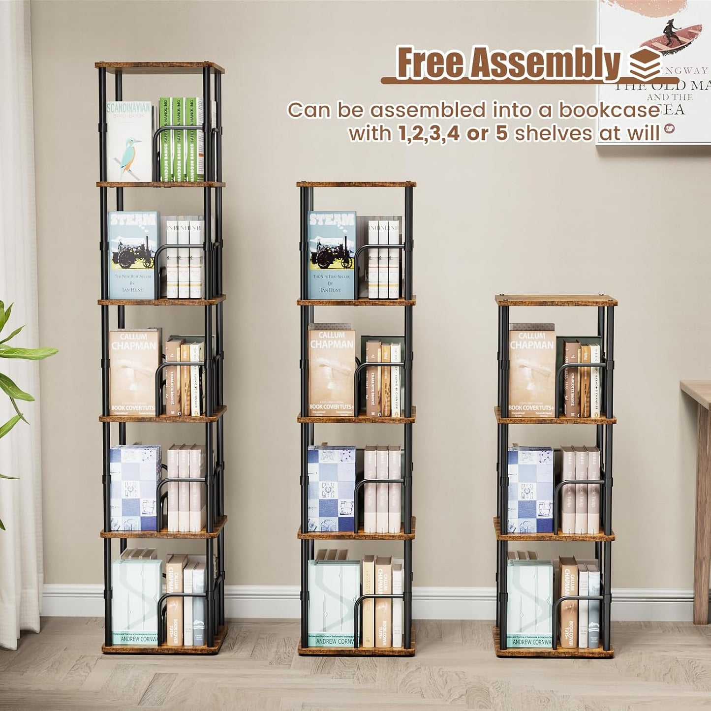 5 Tier Square Rotating Bookshelf, 360 ° Display Stackable Spinning Bookshelf Tower, Space Saving Tall Floor Standing Swivel Bookcase Corner Storage Organizer for Living Room, Rustic Brown, Small Size