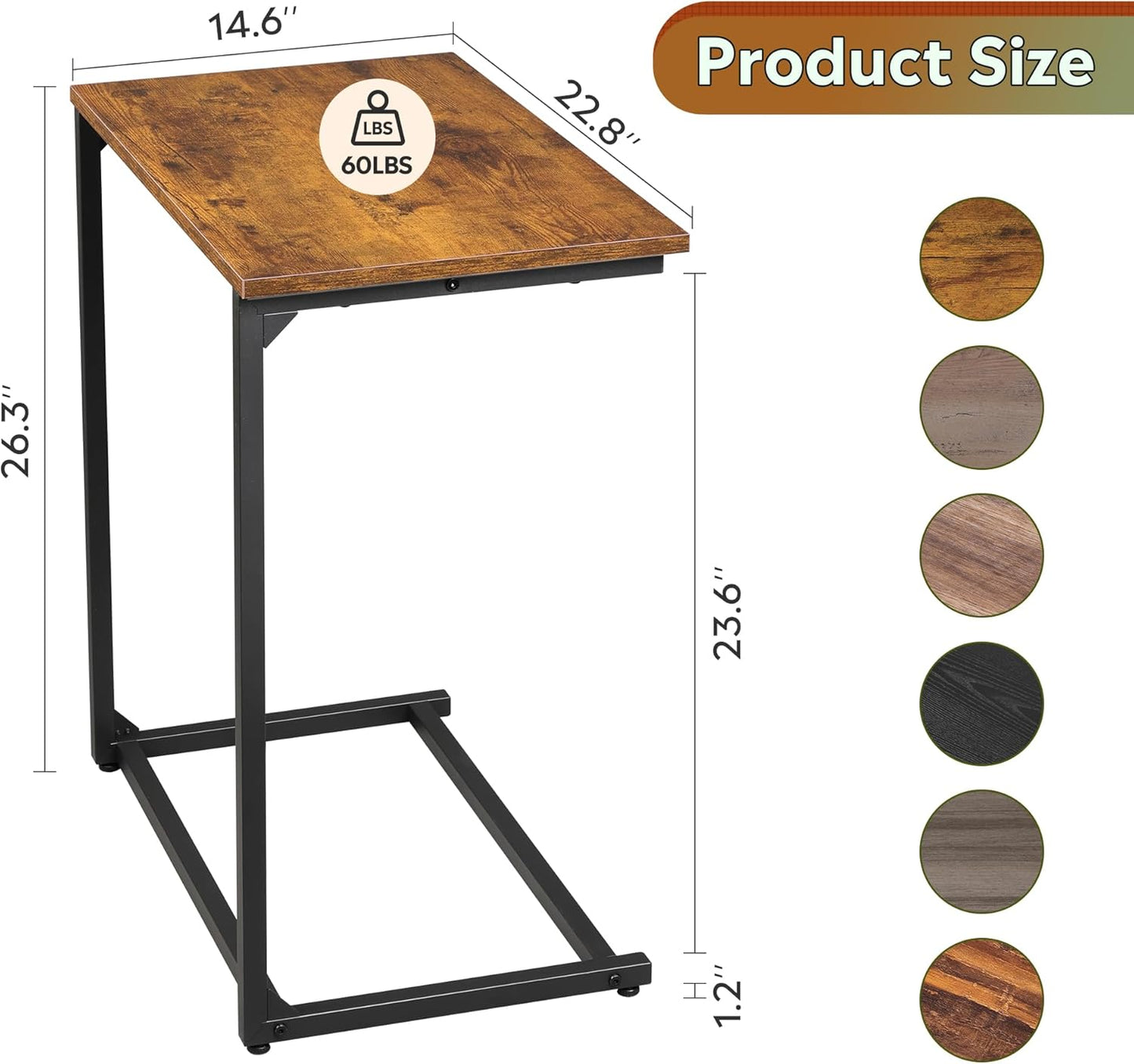 WLIVE C-Shaped End Table, Small Side Tables for Sofa, Wide Couch Table That Slide Under, Laptop Snack Table for Living Room, Bedroom, Home Office, Rustic Brown