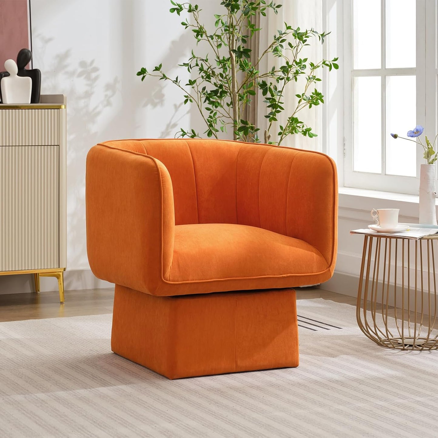 Swivel Accent Chair with Armrest, Modern Velvet Barrel Chair 360 Degree with Curve Back and Soft Cushion,Comfy Round Armchair Reading Chair Single Sofa for LivingRoom,Bedroom,Waiting Room,Orange