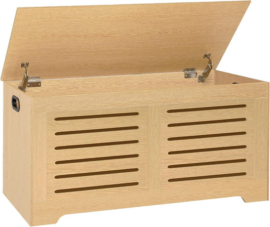 DINZI LVJ Storage Chest, 39.4”Wooden Storage Box with 2 Safety Hinges, Entryway Shoe Bench with Flip-Top, Farmhouse Style Trunk for Living Room, Bedroom, Play Room, Easy Assembly, Natural