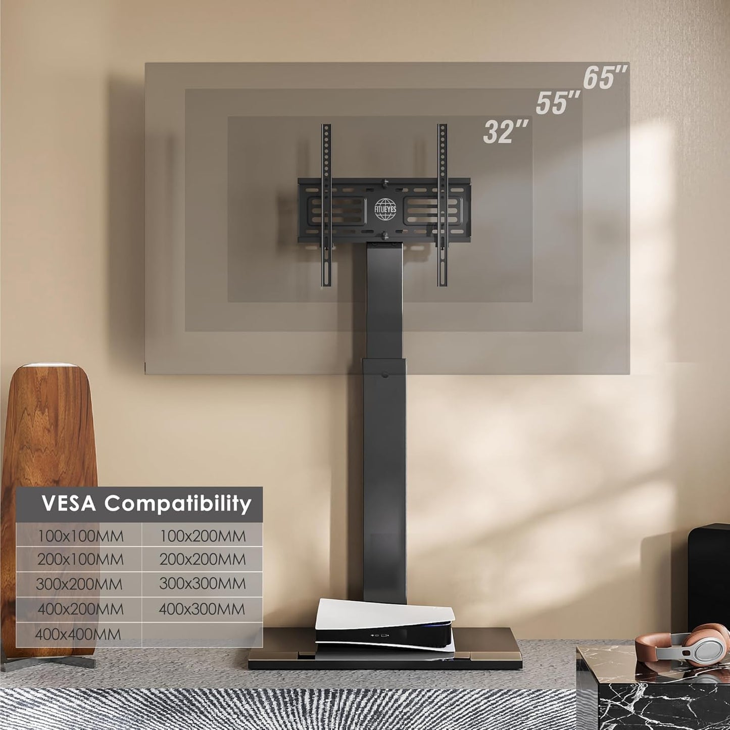 FITUEYES Iron Base Universal Floor TV Stand with Swivel Mount for 32-65 Inch LED LCD OLED Plasma Flat Panel or Curved Screen TVs Height Adjustable with Wire Management (Black)