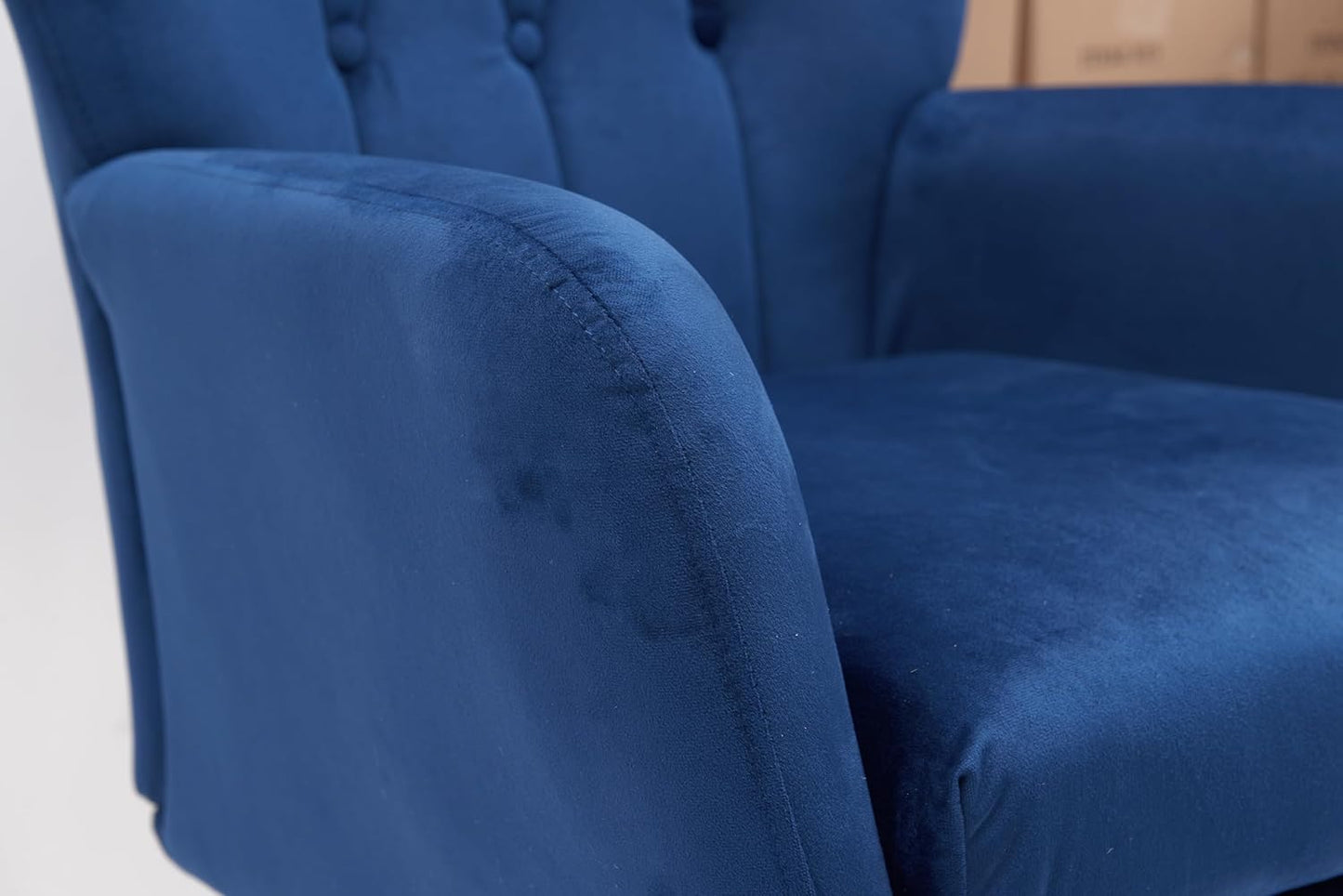 Container Furniture Direct Modern Chic Mid-Century Velvet Accent Armchair for Living Room, Bedroom, or Home Office, Button-Tufted Wingback Design with Gold Flared Legs, Navy Blue