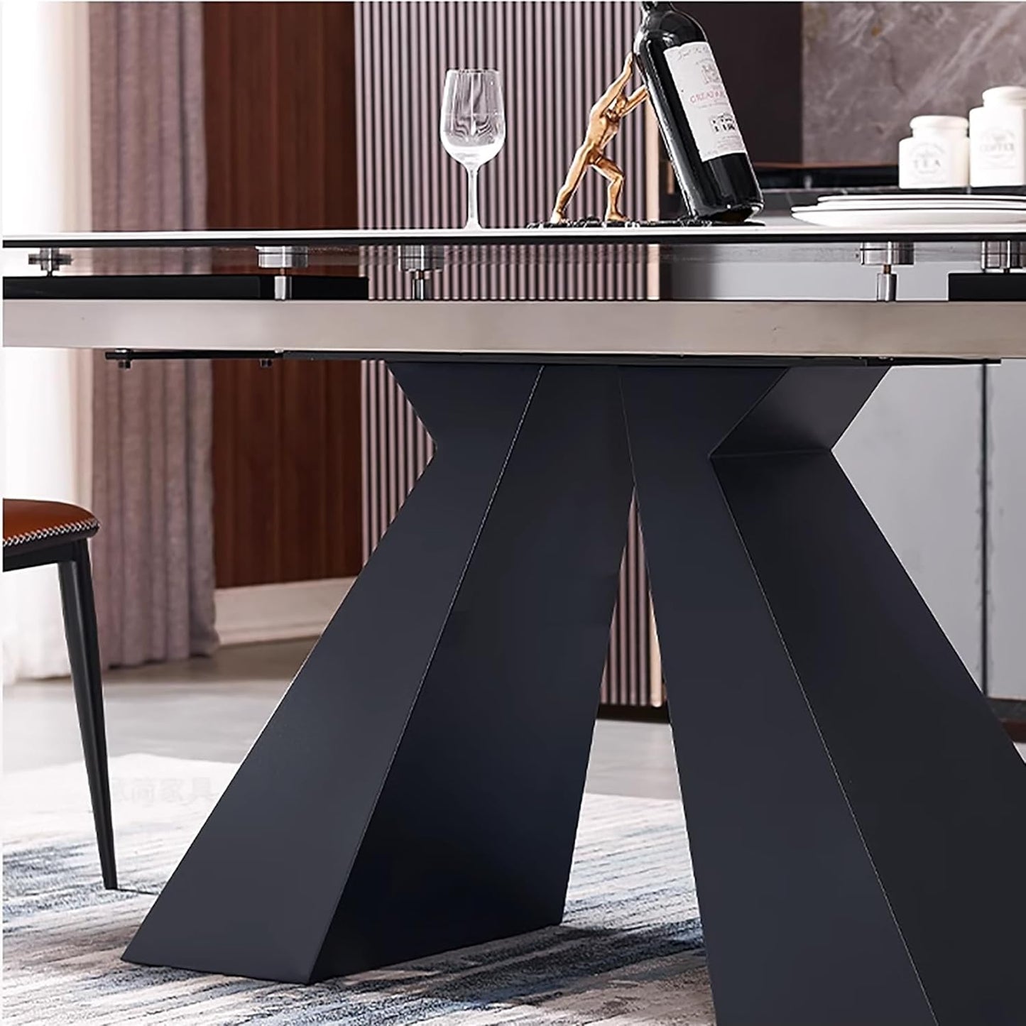 Extendable Dining Table for 8-12 Seat, Flexible Stretch, Tabletop Made from Rock Plate and Tempered Glass, Solid Carbon Steel Base, 35.4" D x 94.5" W x 30" H, White Top