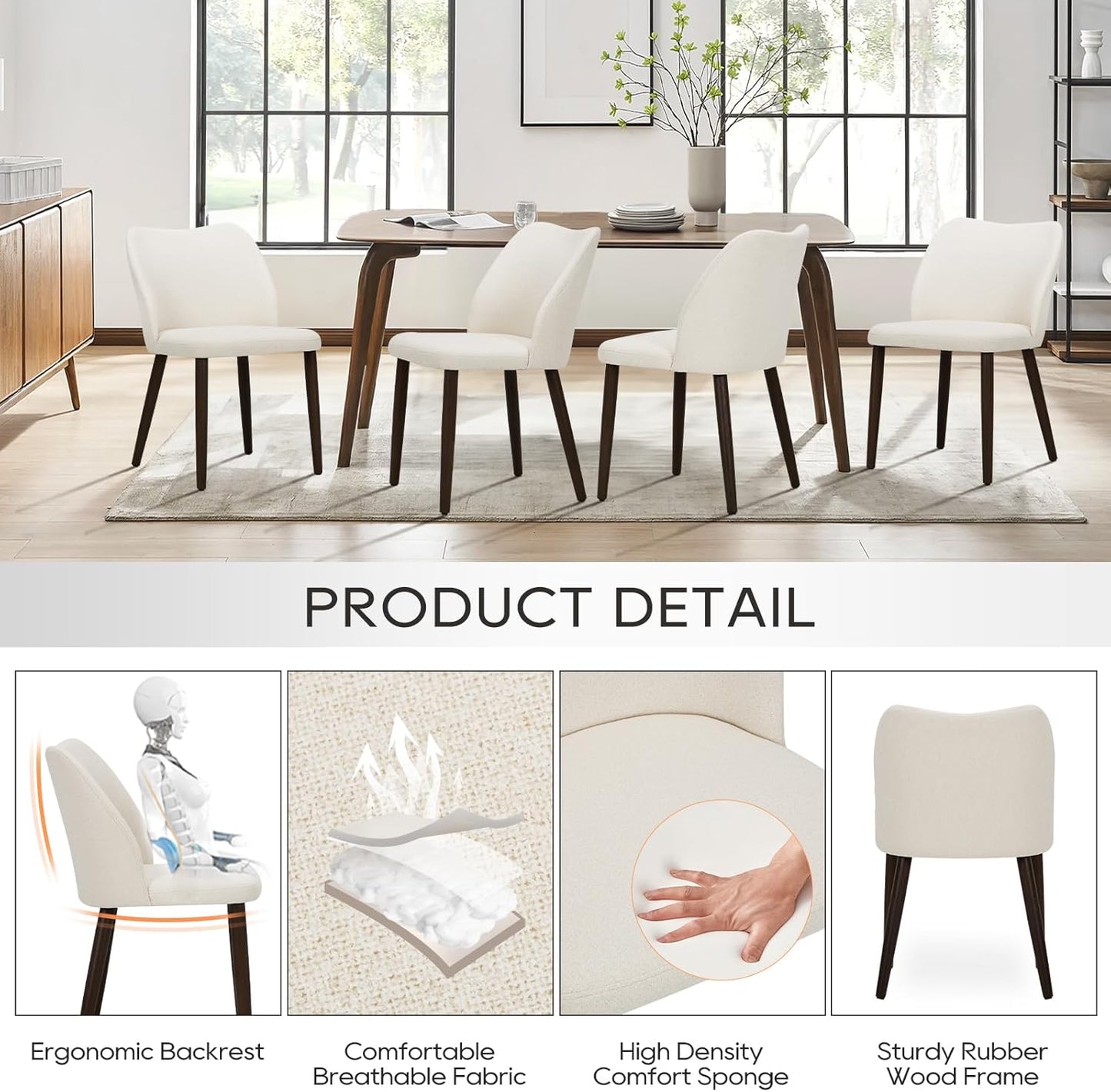 COLAMY Upholstered Dining Chairs Set of 4, Modern Fabric Dining Room Kitchen Side Chair with Padded Seat and Wood Legs for Restaurant/Cafe, Beige