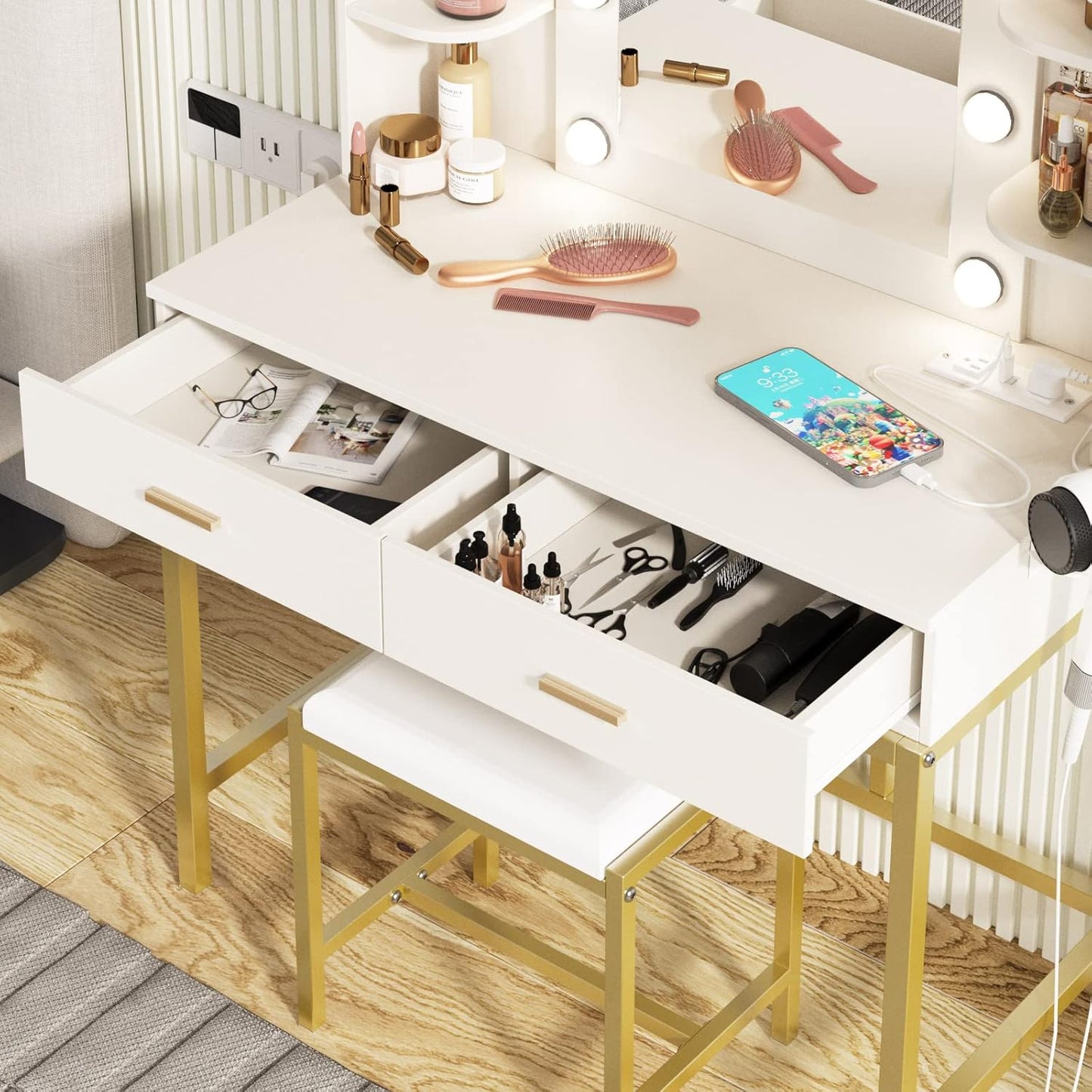 Vabches Vanity Desk with Mirror and Lights, with Charging Station,Makeup Vanity Table Set with Lighted Mirror, with 3 Lighting Modes and 2 Drawers&Cushioned Stool for Bedroom