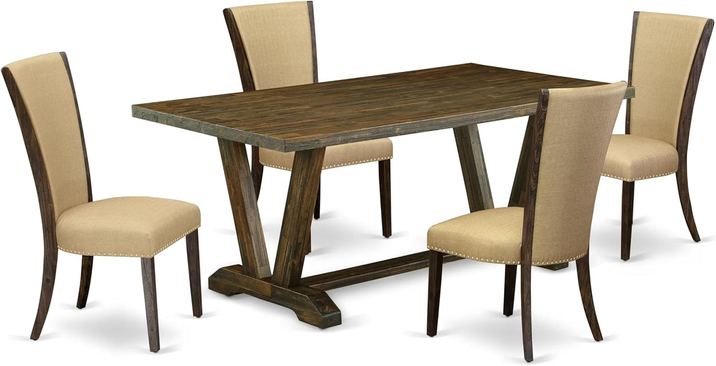 East West Furniture V777VE703-5 5 Piece Dinette Set for 4 Includes a Rectangle Dining Room Table with V-Legs and 4 Brown Linen Fabric Upholstered Parson Chairs, 40x72 Inch, Multi-Color