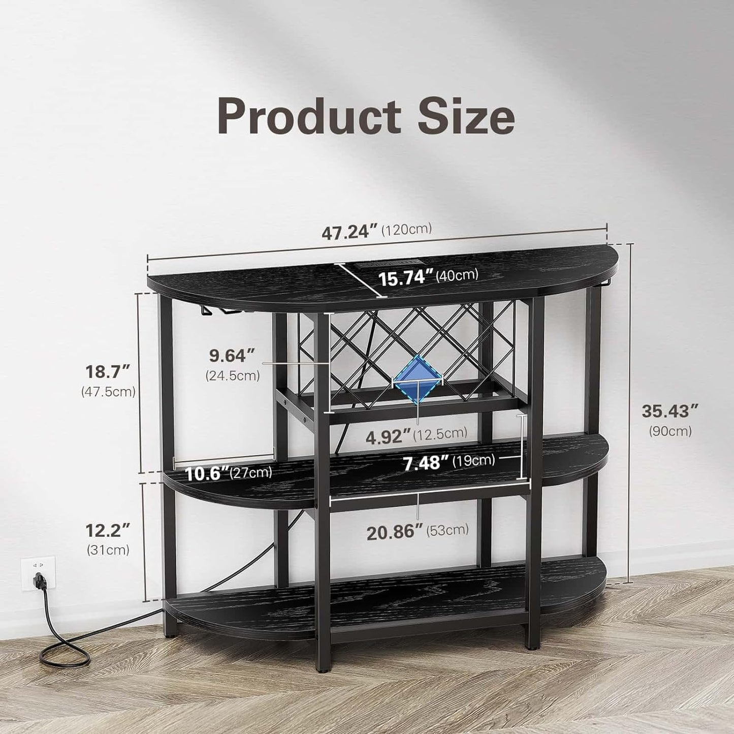Zarler Bar Cart with Power Outlet Easy to Assemble, LED Home Bar Cabinet for Liquor, 47.3" L x 15.8" D x 36" H Metal Mini Bar Table with 4-Tier Storage, Black