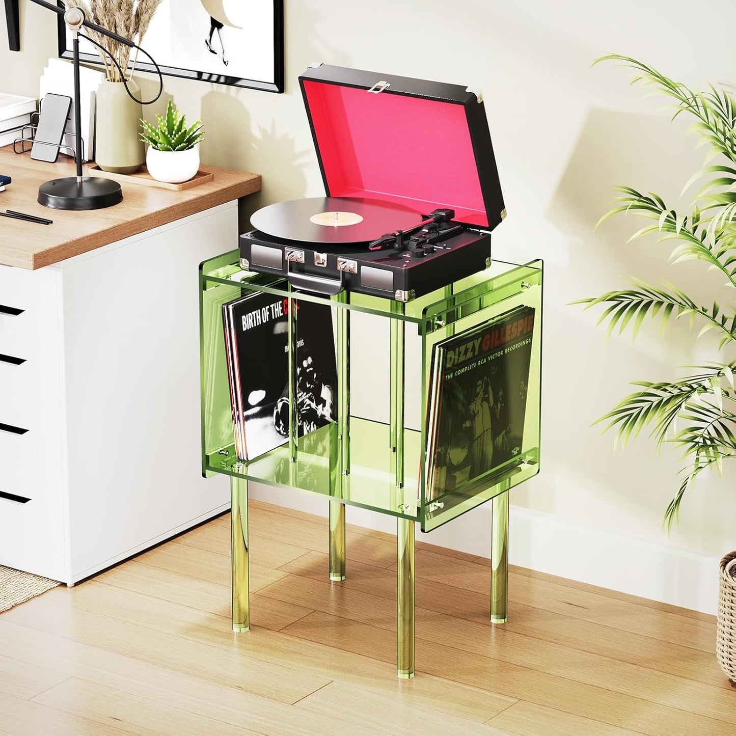 Acrylic Record Player Stand, with Vinyl Storage, Clear Acrylic Side Table, Pink (Green)