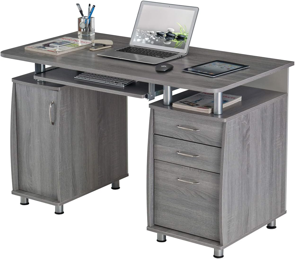 47.5'' Computer Desk with File Cabinet and Drawers, Storage Cabinet with Removable Shelf and Ventilation for CPU, Home Office Desk or Computer Workstation with Keyboard Tray, Grey
