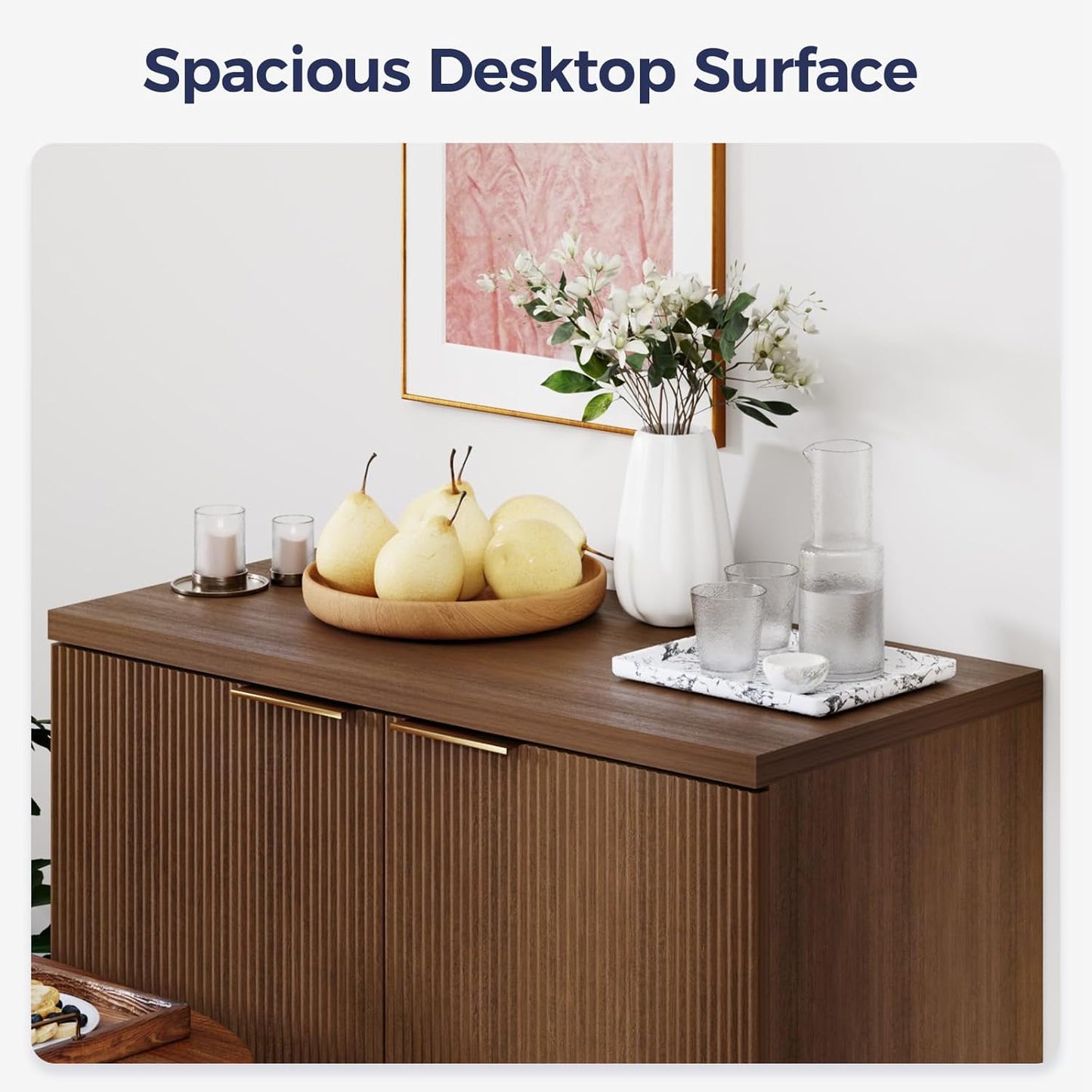 Fluted Buffet Cabinet – Modern Wood Sideboard with 2-Doors & Shelves, Multifunctional Storage Cabinet & Credenzas for Entryway, Dining & Living Room, Walnut