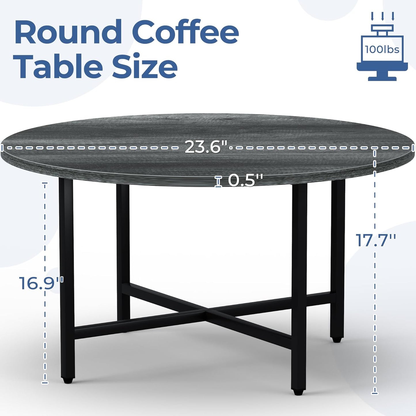 Coffee Table, 23.6" Coffee Tables for Living Room, Round Coffee Table with Metal Frame, Floor Table for Sitting on The Floor, Home, Office, Elegant Gray