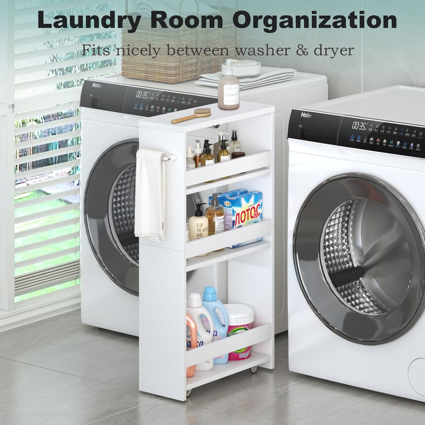 MARTY White Slim Storage Cart with Wheels, 4 Tier Rolling Utility Cart with Handle Slide Out Shelving Unit Organizer Trolley for Laundry Kitchen Bathroom Narrow Places Small Corner