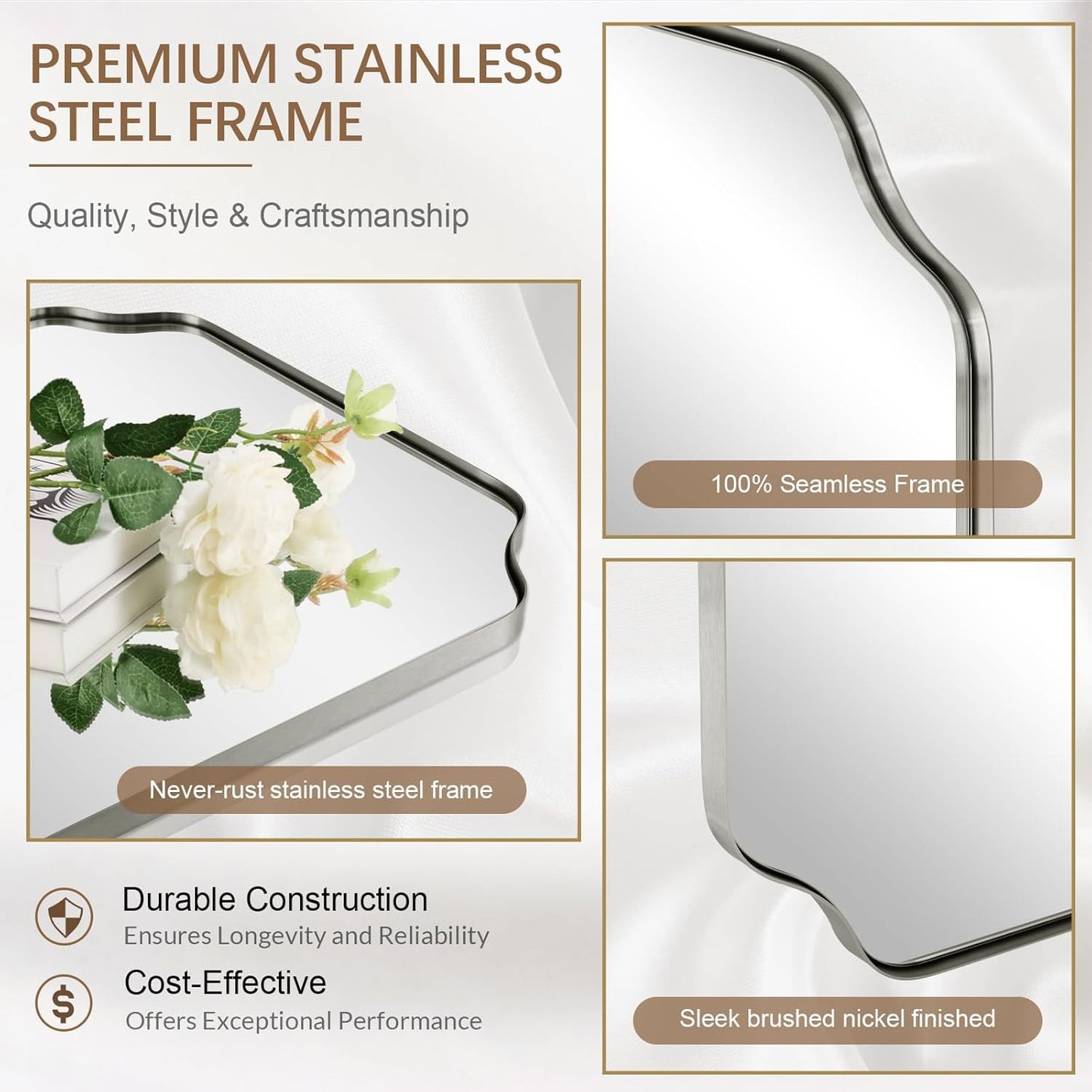 ANDY STAR Scalloped Bathroom Mirror, 24x32’’ Brushed Nickel Rectangle Mirror for Bathroom, Silver Bathroom Vanity Mirror, Unique Scalloped Edge Design, Rust-Proof Stainless Steel Frame