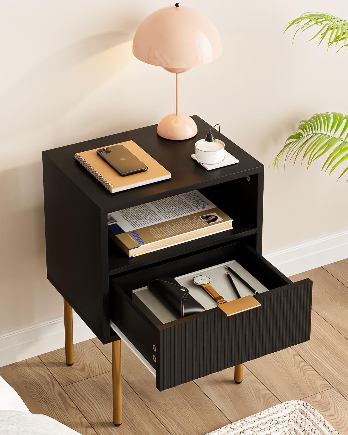 Nightstand,Morden Bedside Table with Gold Frame,Small Black Night Stand,End Table,Bedside Furniture,Side Table with Drawer and Shelf for Bedroom,Living Room (1Drawer, Black)