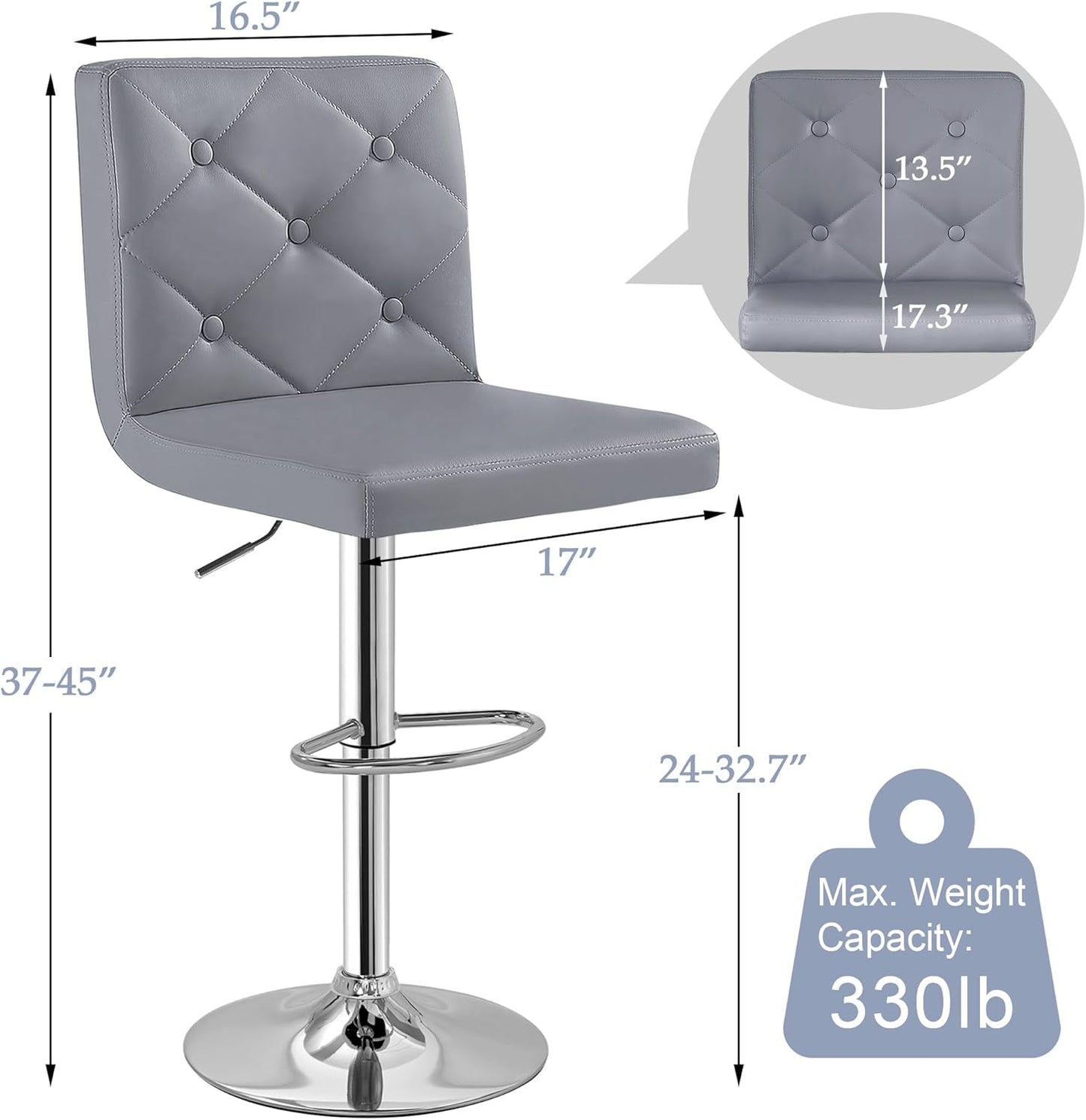 VECELO Adjustable Bar Stools Set of 2, Bar Height Stools for Kitchen Counter