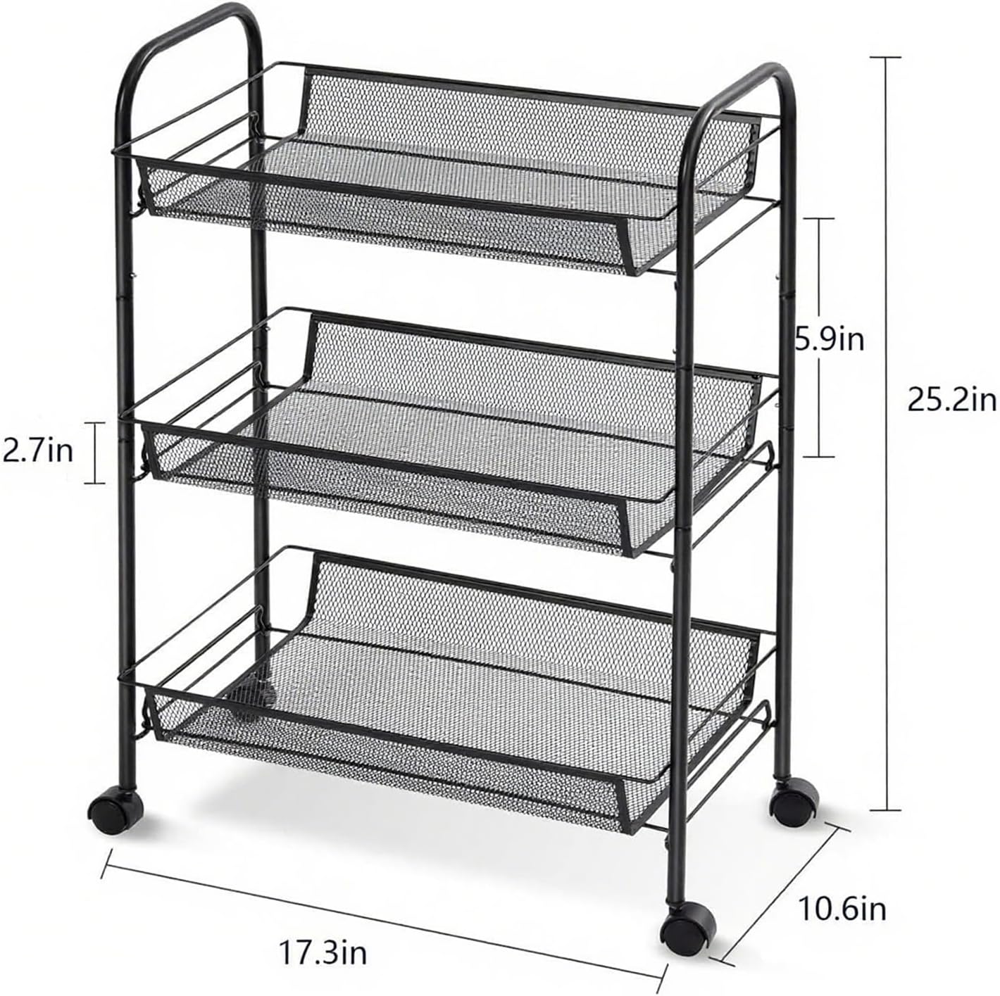 3 Tier Rolling Cart, Mesh Wire Utility Carts, Metal Storage Shelf with Wheels & 4 Side Hooks, for Laundry Room Organization, Kitchen, Living Room, Bathroom, Pantry, Dorm & Under Desk Storage