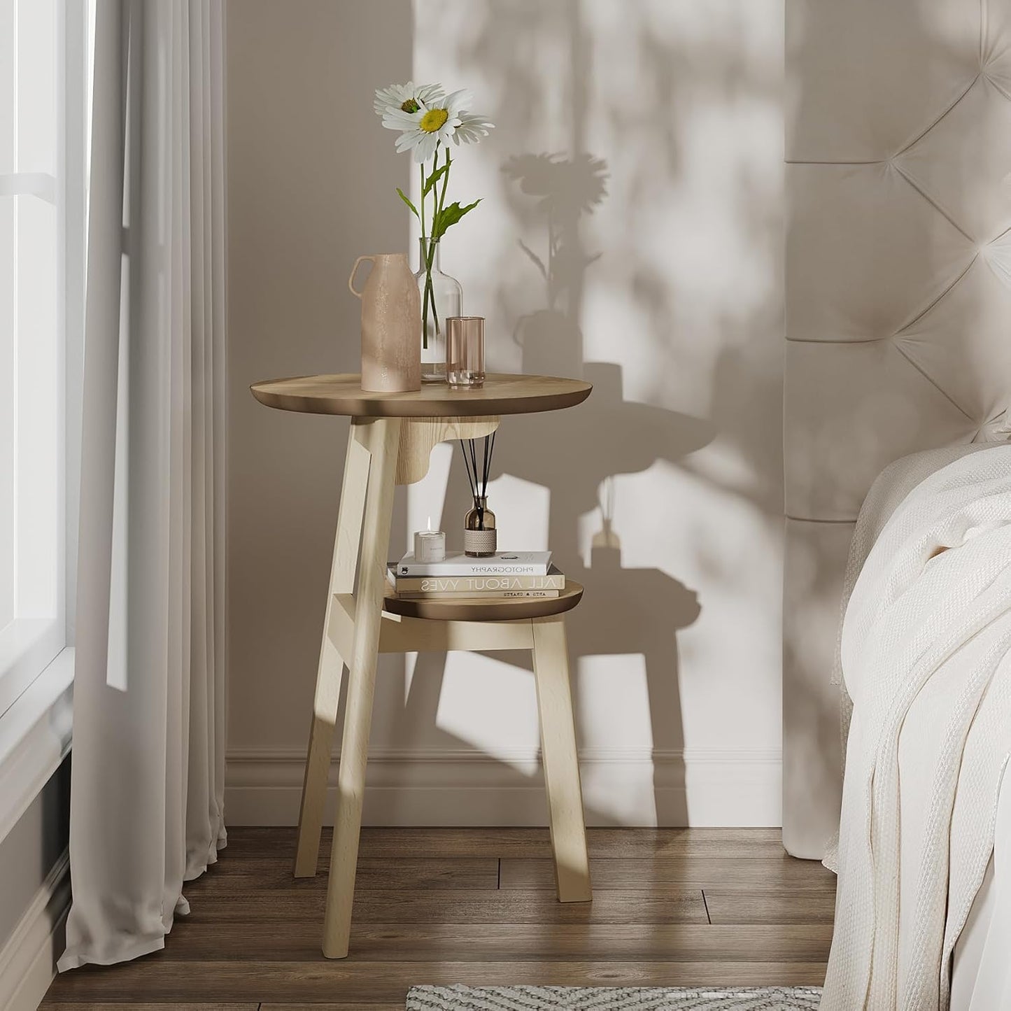 ChooChoo Round End Table for Small Spaces, Narrow Side Table, Accent Table Night Stand with 2 Tier Shelf for Bedroom and Living Room, Natural