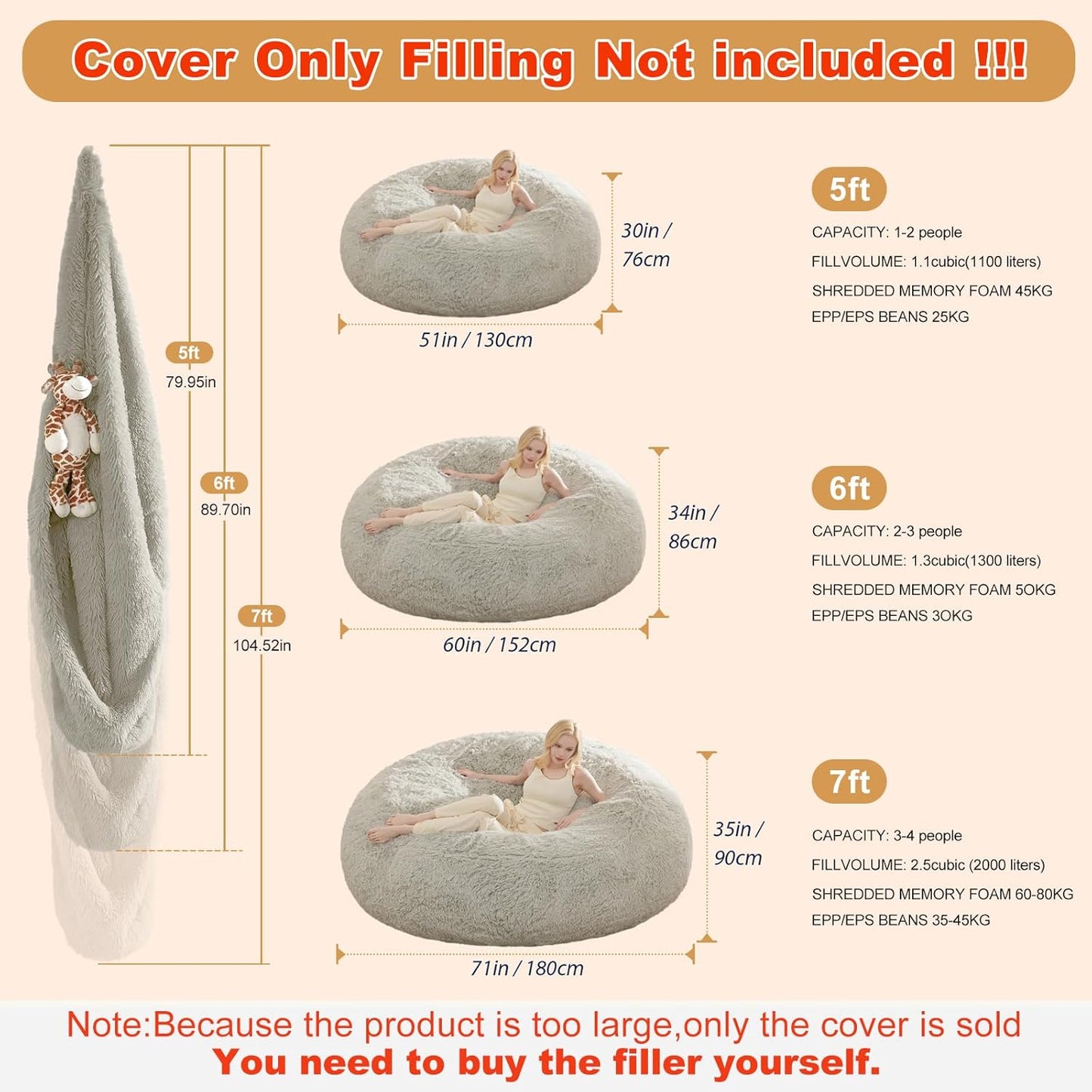 Bean Bag Chair Cover, Waterproof Faux Fur Bean Bag Cover Only(No Filler), 5FT Round Beanbag Cover with Pocket, Big Giant Bean Bags Covers for Adults Kids Teens, Stuffed Animal Storage