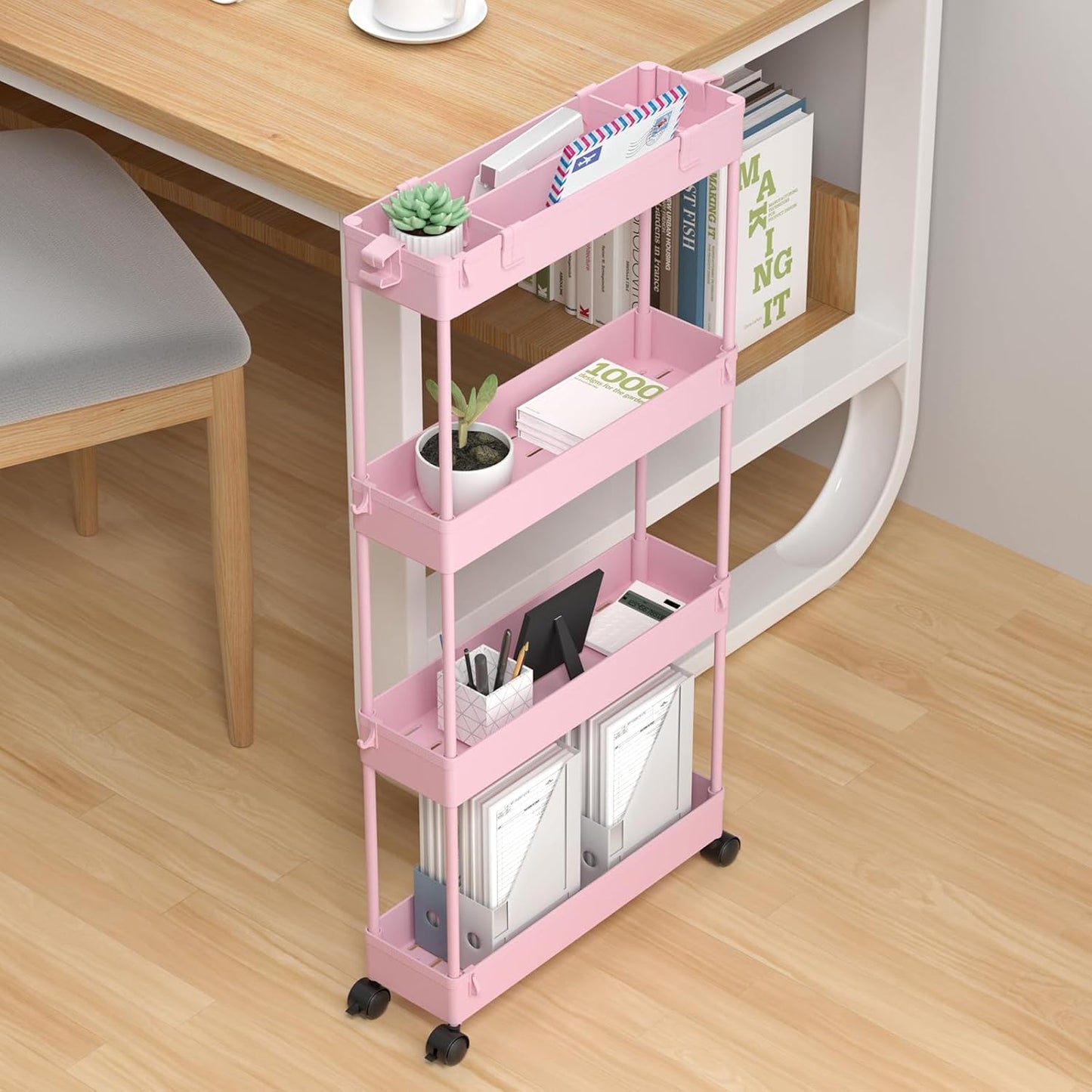 SPACELEAD Slim Storage Cart 4 Tier,Bathroom Organizer Rolling Utility,Mobile Shelving Unit Slide Out for Office, Kitchen, Laundry Room & Narrow Places,Pink