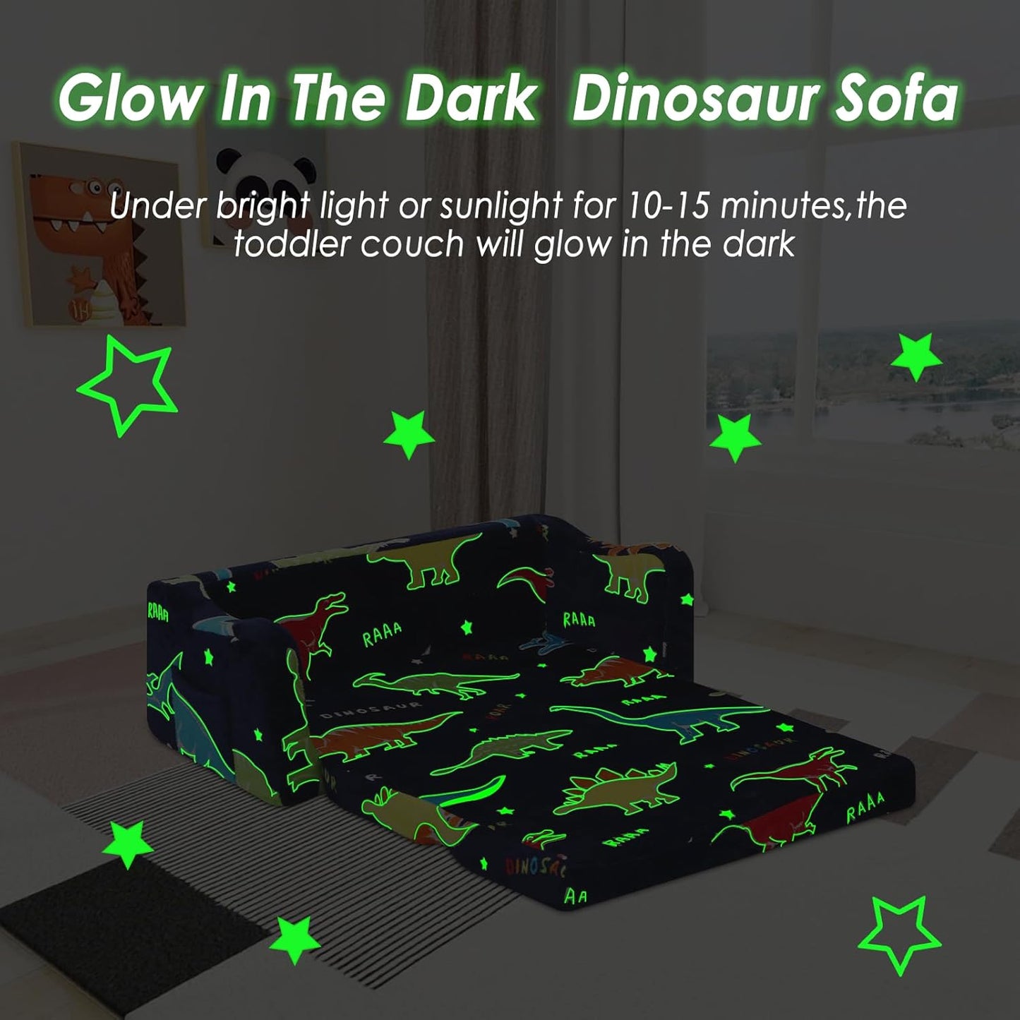 Kids Couch Extra Large,Glow in The Dark 2-in-1 Folding Kids Sofa Bed for Boys,2 Seats Convertible Sleeper Lounger Toddler Couch for Children Bedroom Playroom Nursery,Dinosaur