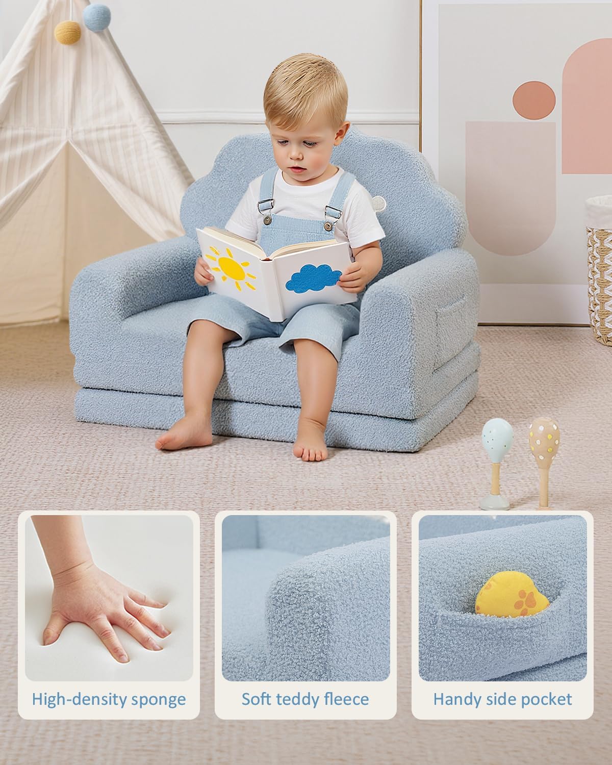 2-in-1 Kids Couch Fold Out, Soft Teddy Sherpa Toddler Couch with Crown Design, Convertible Kids Sofa to Lounger for Nap & Playtime, Cozy Children's Furniture for Boys & Girls, Blue