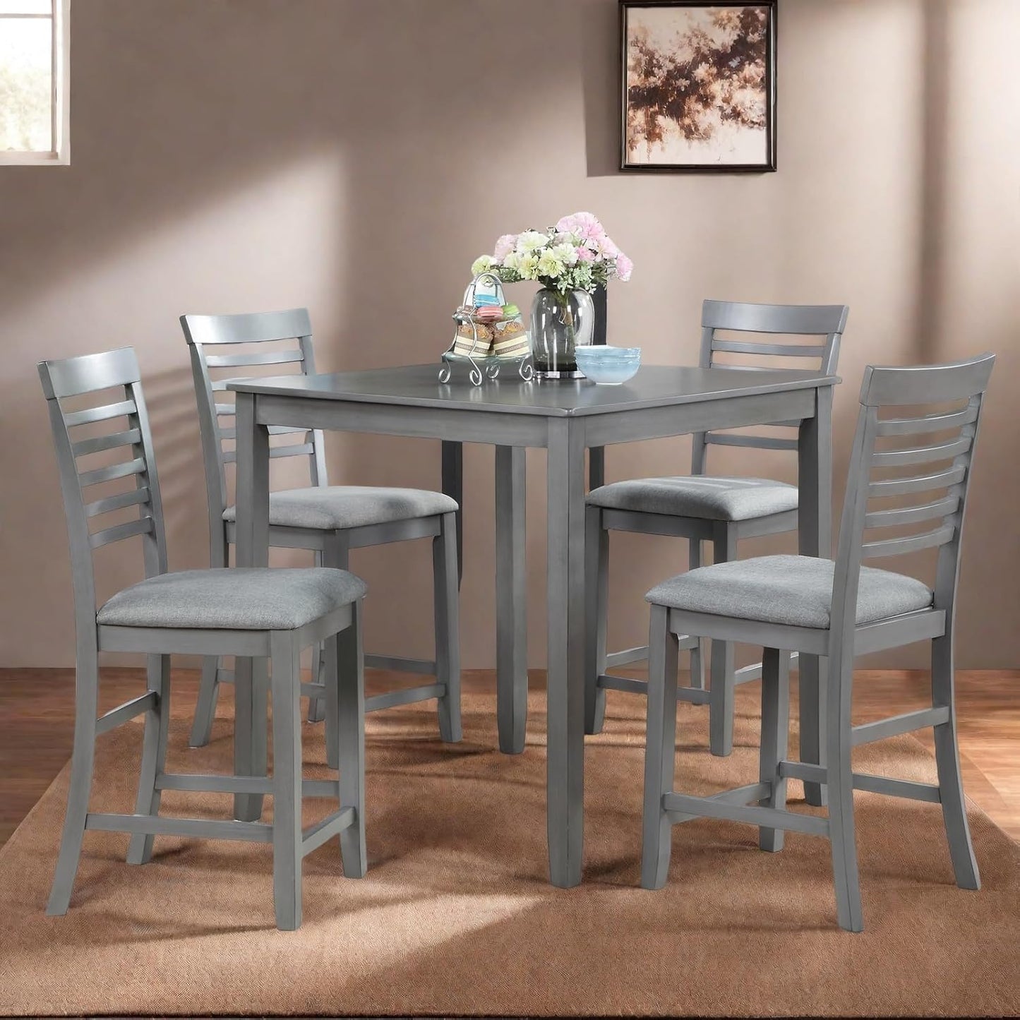 Dining Table Set for 4, Modern 5 Piece Dining Room Table Set with Square Table & 4 Ladder Backrest Upholstered Chairs, Counter Height Kitchen Chairs Set for Small Space, Gray