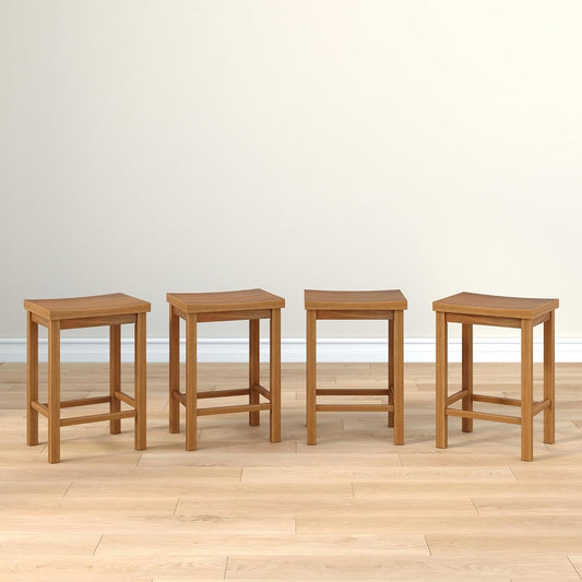 Grain & Grove Smith Collection Set of 4 Solid Wood Counter Height Bar Stools, 24-Inch Saddle Seat Backless Stools, Ideal for Kitchen Island, Dining, or Home Bar Seating, Pecan