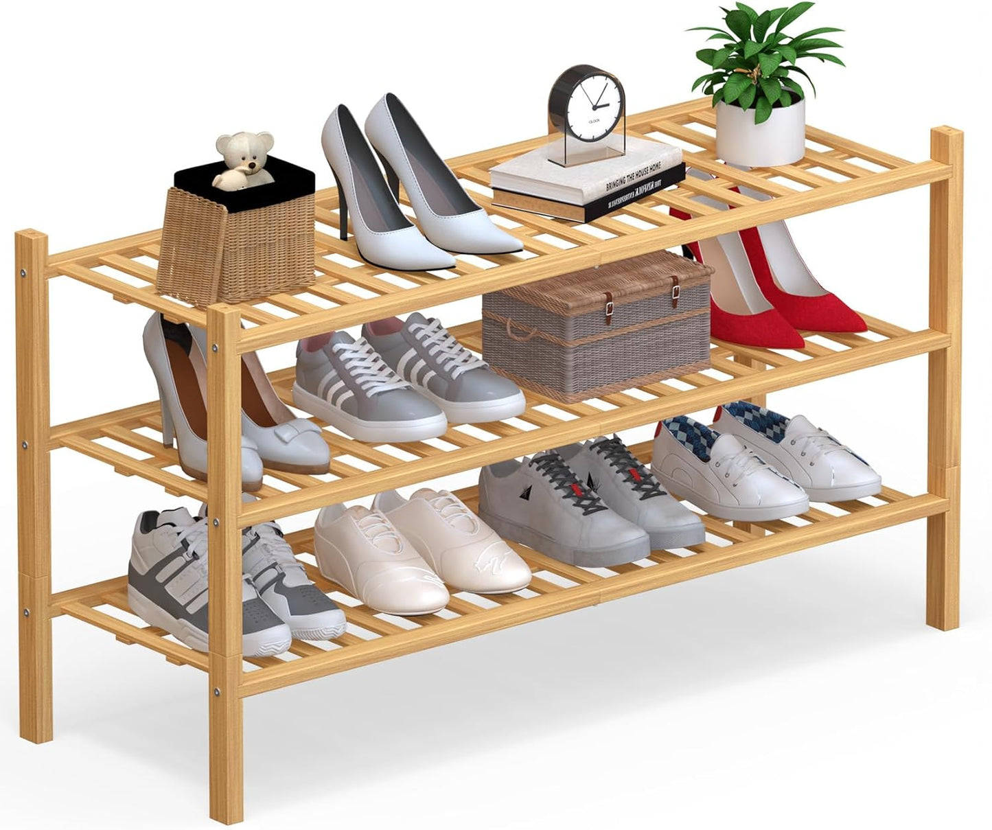 Haddockway Long 3 Tier Bamboo Shoe Rack Storage Organizer,Multifunctional Free Standing Stackable Shoe Shelf with Grid Panel for Closet,Hallway,Entryway,Small Space 34.2"x11"x20"(Natural, 3-Tier Long)