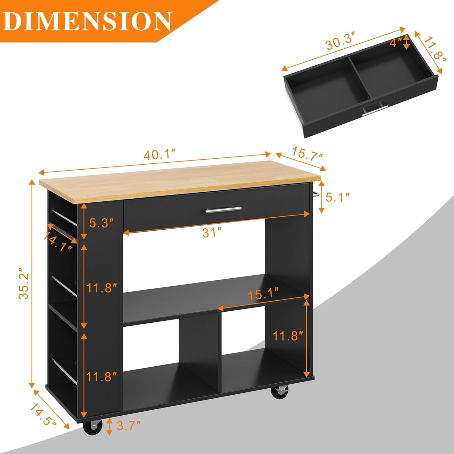 Shintenchi Kitchen Island on Wheels with Storage, Wheeled Island & Cart with 3-Tier Spice Rack, 3 Open Shelves and 1 Drawer, Black