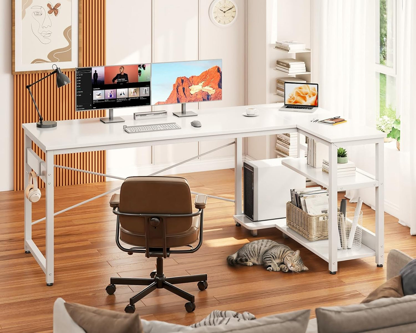 Casaottima L Shaped Computer Desk, 55 Inch Small Corner Desk with Storage Shelves & PC Stand, Reversible Gaming Desk for Bedroom, Modern Writing Study Table for Home Office, White
